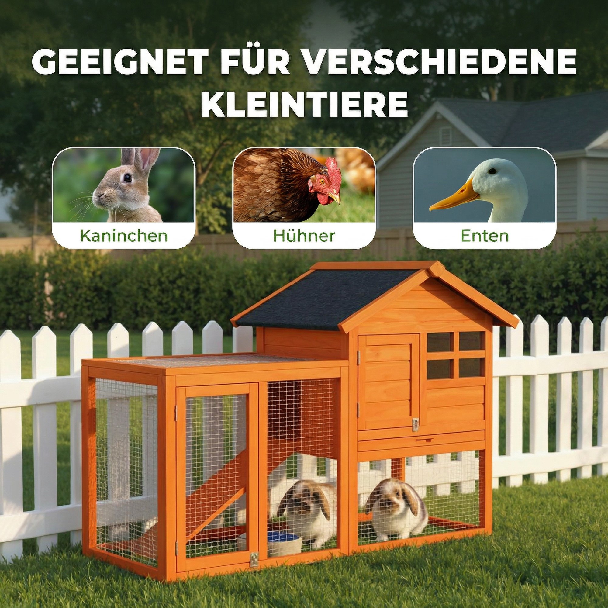 Hasenstall 2 Etagen Kaninchenstall mit wasserdicht Bitumendach Freilaufgehege Rampe Türen Holz 123,5x62,6x92,5 cm Orange