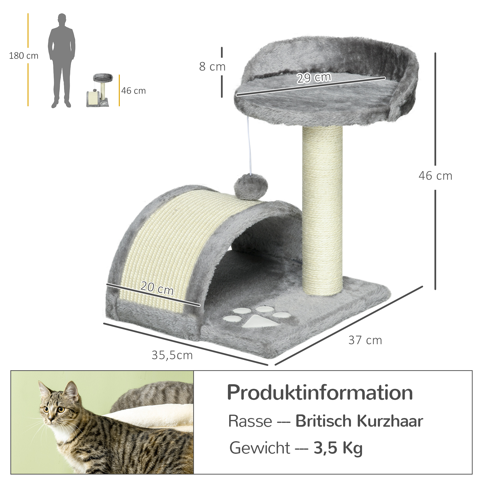 Kratzbaum 46 cm Kleiner Katzenturm mit Höhle, Spielball, Sisal-Seil, erhöhter Plattform, Katzenkratzbaum, Kletterbaum, für Katzen bis zu 4 kg, Grau