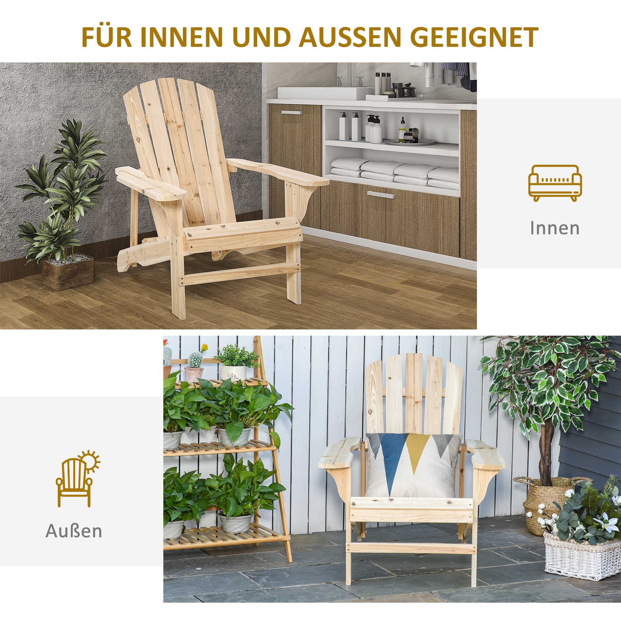 Adirondack Stuhl wetterfest Adirondack Chair aus Holz Outdoor Gartenstuhl mit Hoher Rückenlehne Armlehnen
