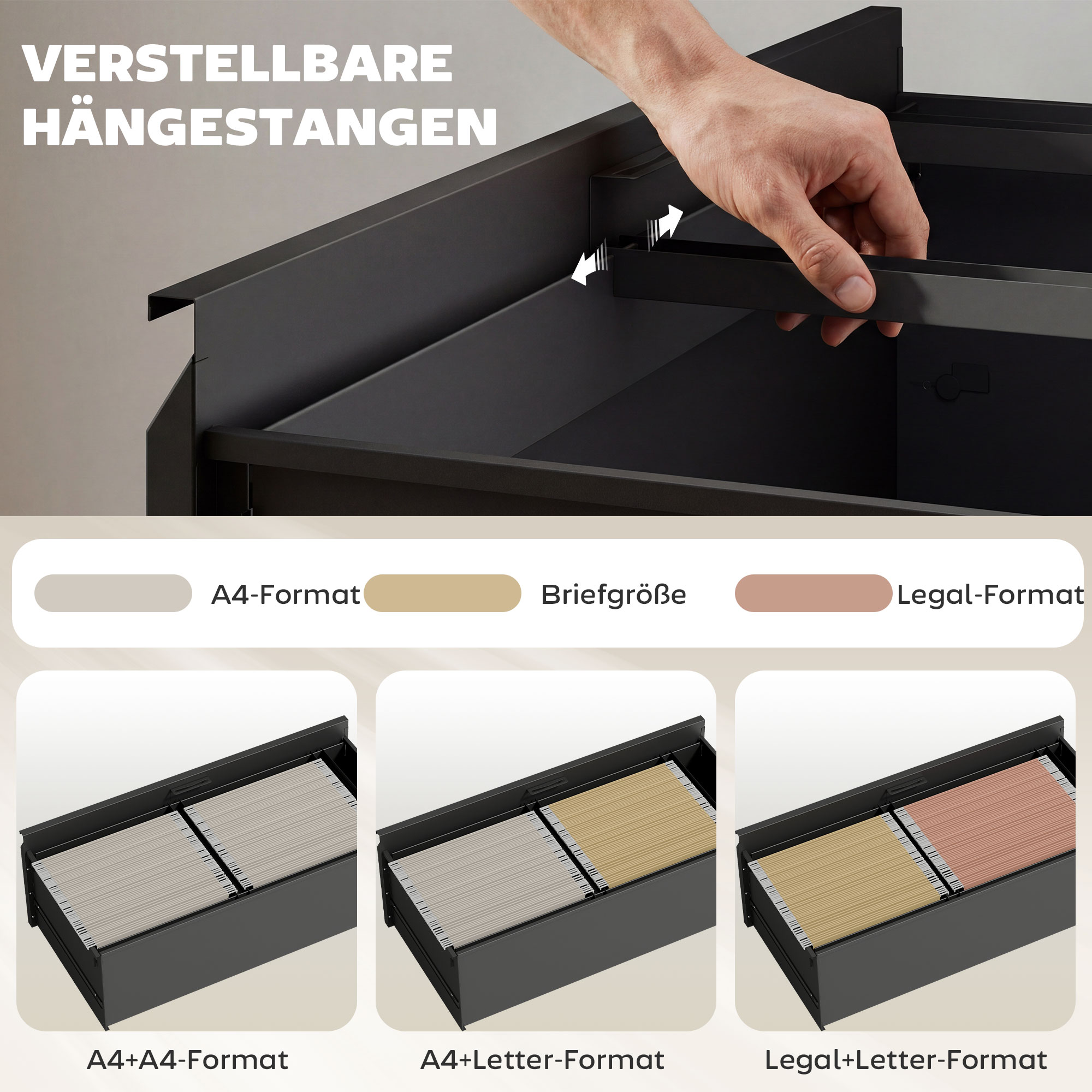 Rollcontainer mit 2 Schubladen abschließbar Aktenschrank mit verstellbarem Hängeregistratur 90 x 40 x 77,4 cm Schwarz