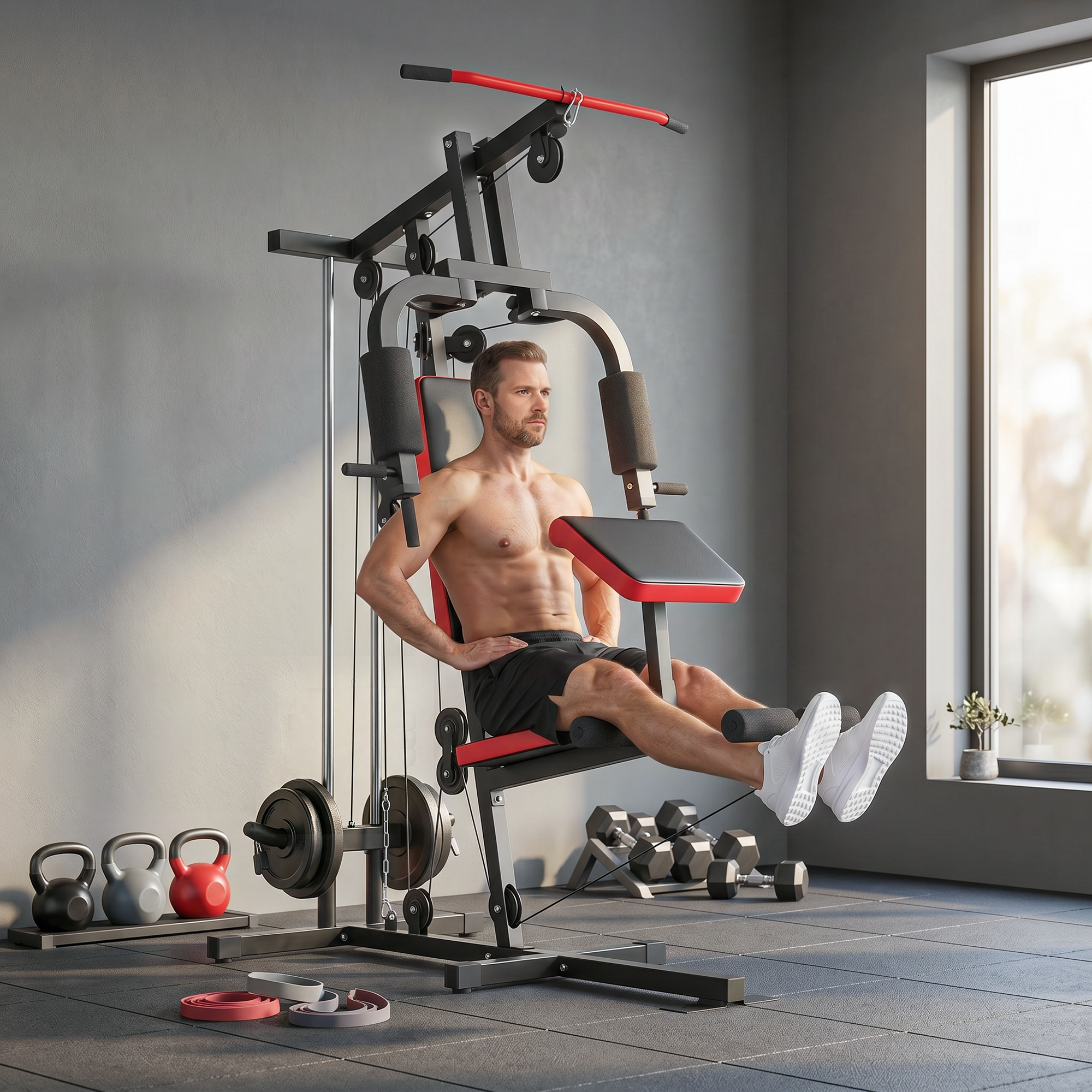 Kraftstation Fitnessstation mit Latzug, Butterflystange, verstellbar Preacher Bank, Beintrainer, bis 120kg Schwarz+Rot