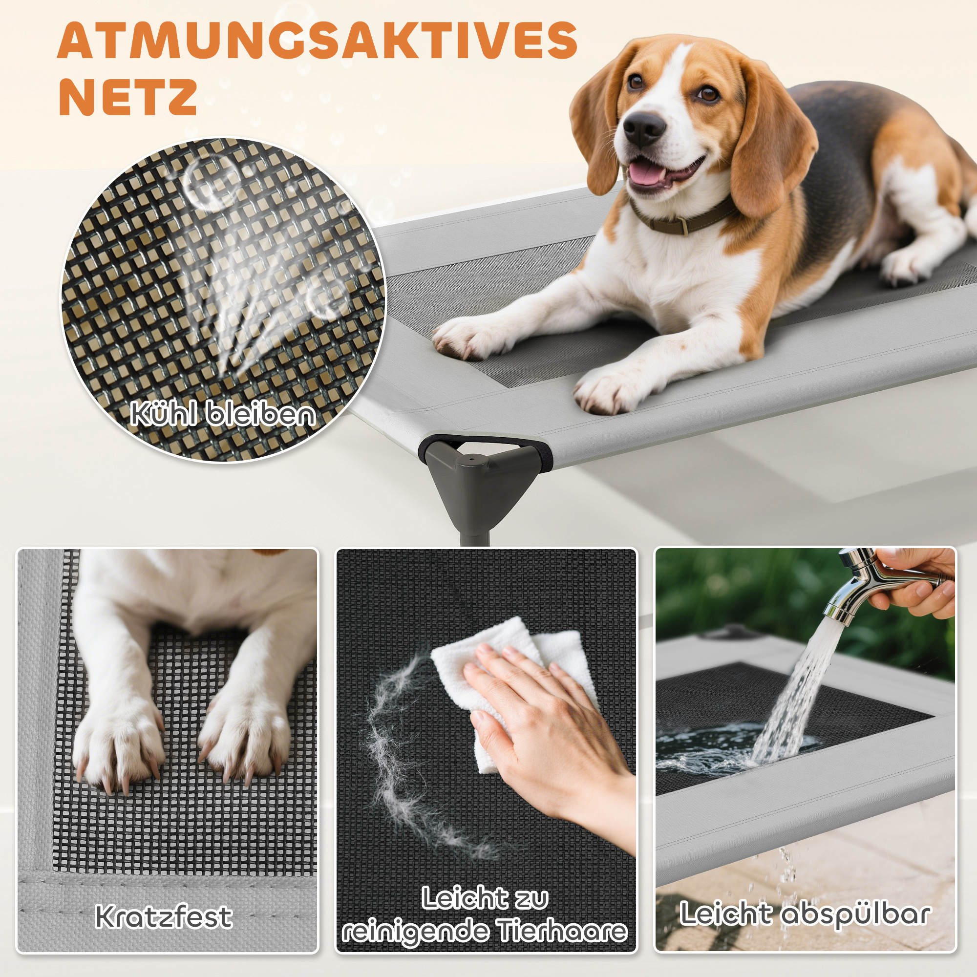 Hundeliege Outdoor mit Dach, erhöhtes Hundebett für Mittelgroße Hunde, 76 x 61 x 71cm, Hellgrau