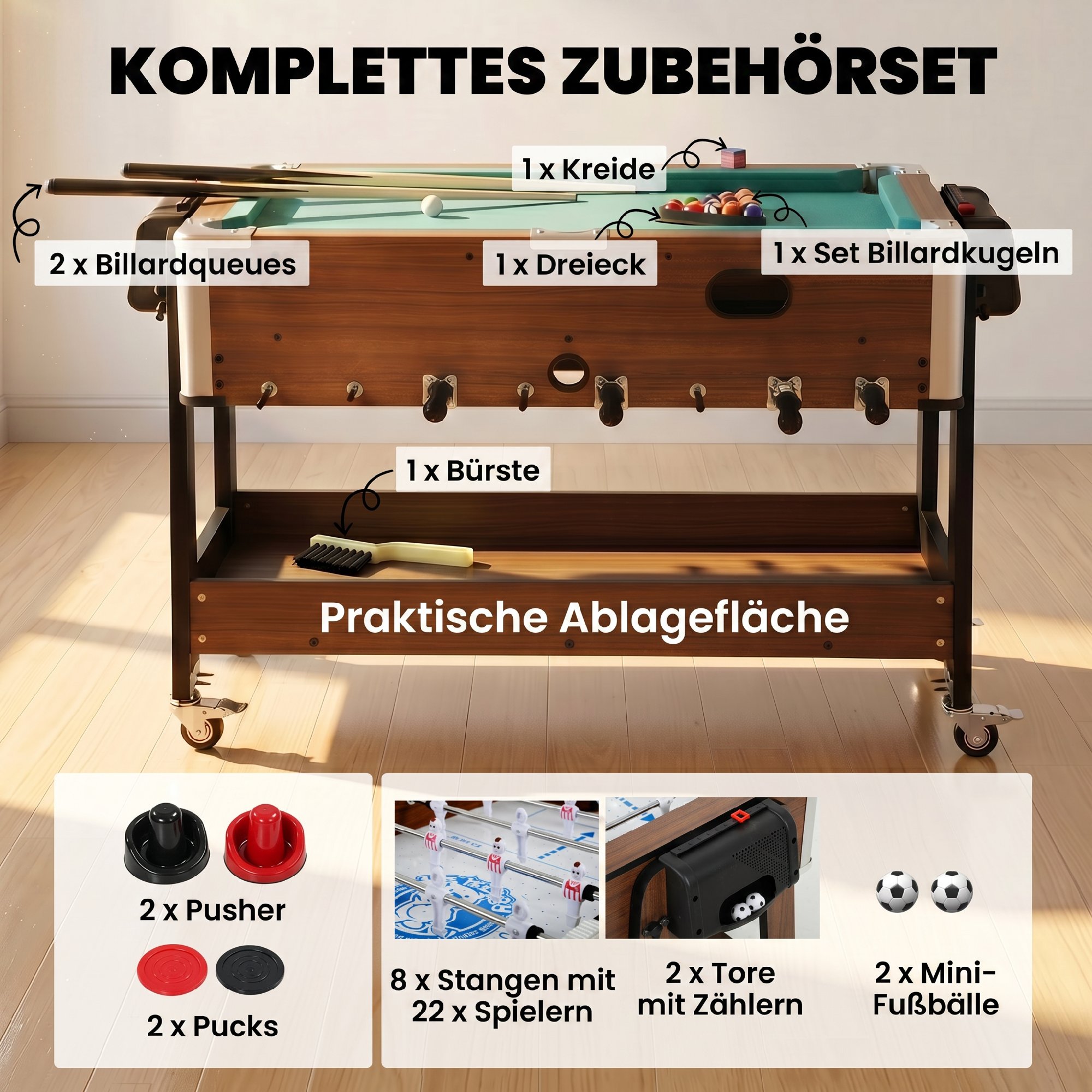 3-in-1 Multi Spieltisch drehbar Multifunktionstisch mit Billardtisch Tischfußball Airhockey Ablagefach