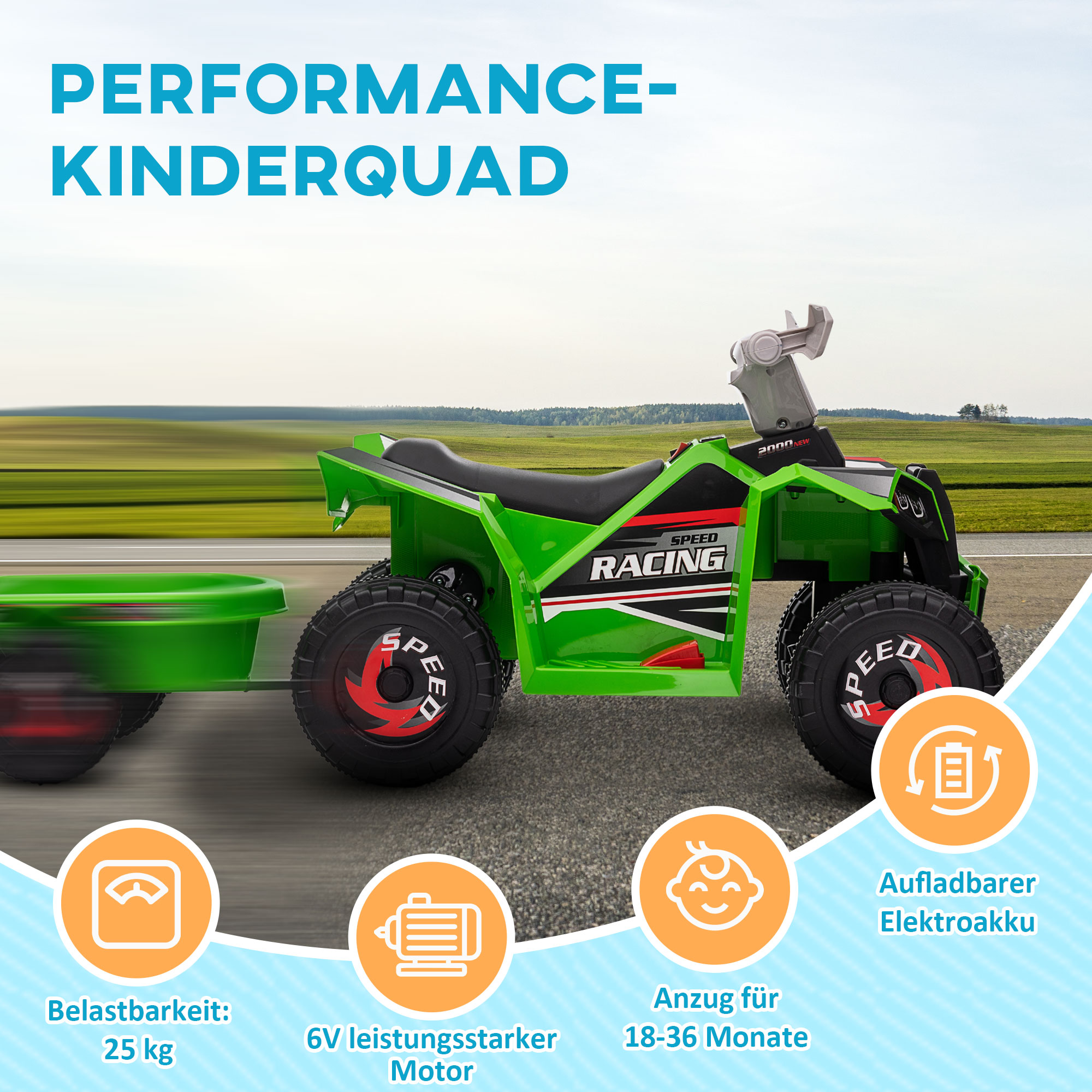 Kinderquad, aufladbar, 2,5 km/h, mit Anhänger, 50 Min, Fahrzeit, für Kinder 1,5 bis 3 Jahre, Grün