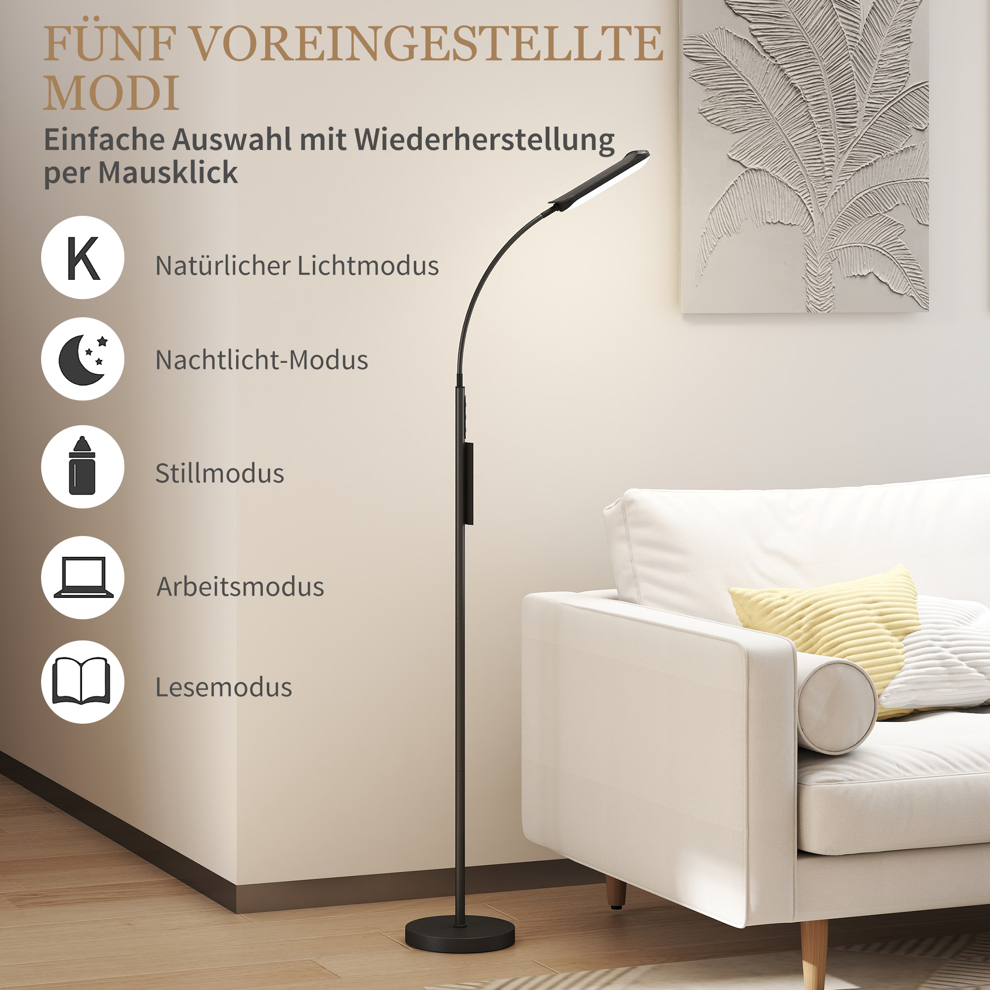 LED-Stehlampe, 5 Modi, Speicherfunktion, verstellbare Helligkeit, Stahl, Schwarz