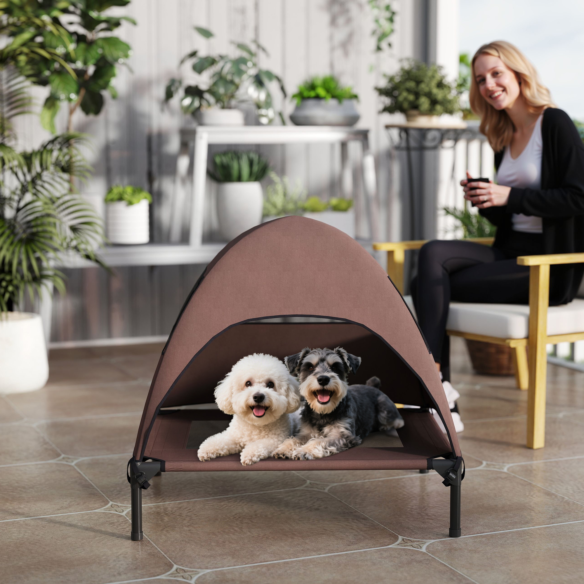 Hundeliege Outdoor mit Dach, erhöhtes Hundebett für Mittelgroße Hunde, 76 x 61 x 71cm, Kaffee