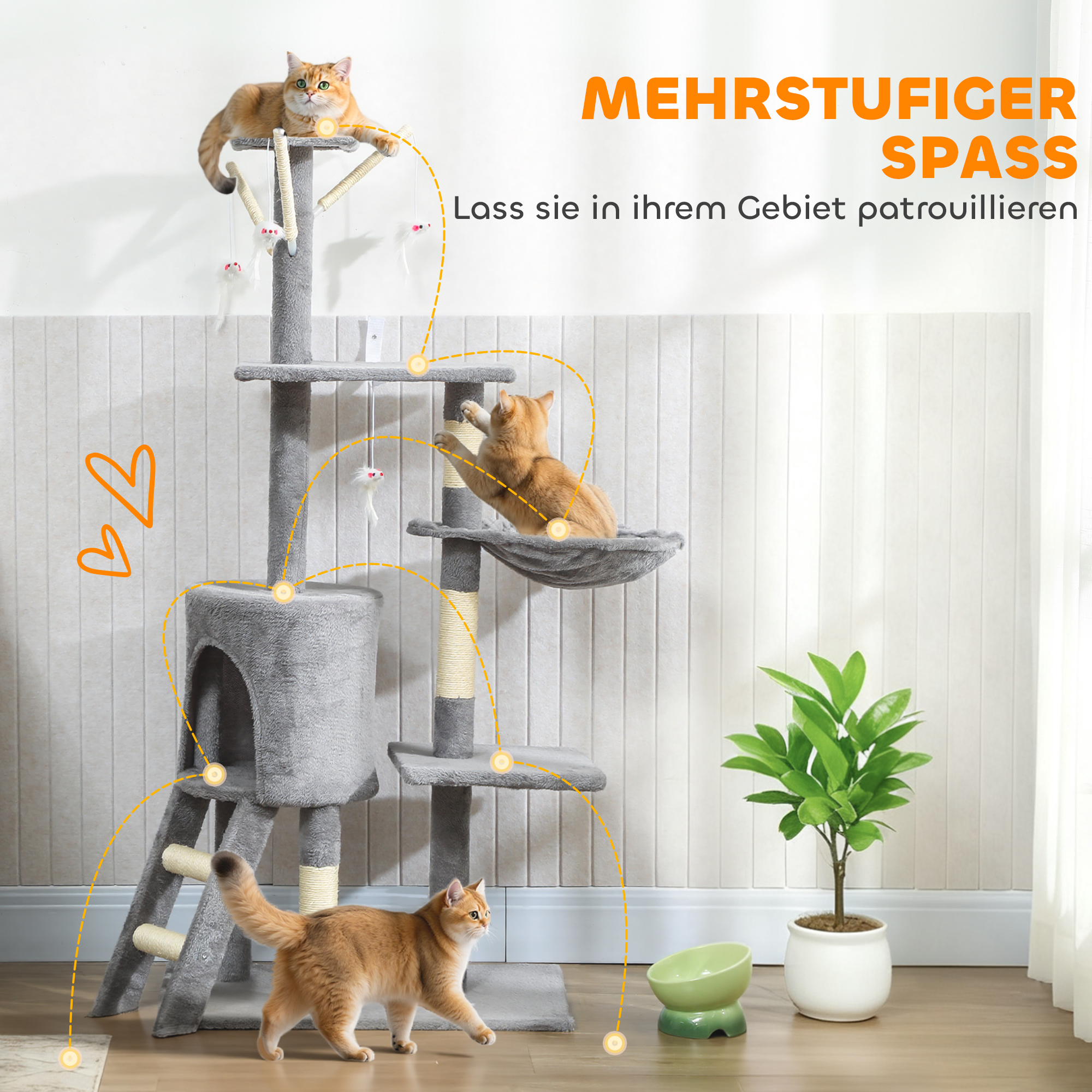 Kratzbaum Katzenbaum mit Höhle, 4 Spielzeuge, Sisalstämme, große Plattform, Treppe, für Katzen unter 5 kg, Grau
