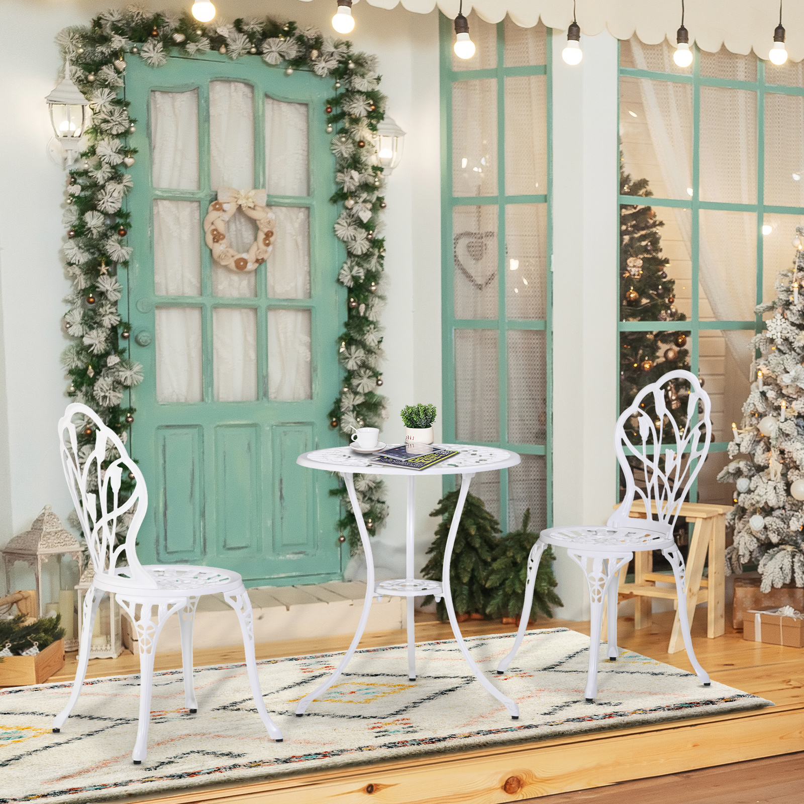 Sitzgruppe für 2 Personen Essgruppe Gartenmöbel-Set 1 Tisch+2 Stühle mit Schirmloch Aluminium Weiß