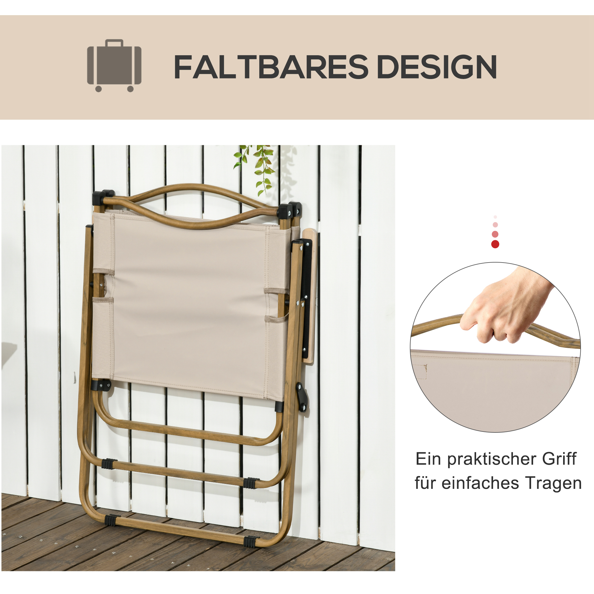 Campingstühle, 2 x Strandstuhl, faltbar, Stahl, Holzoptik, Khaki