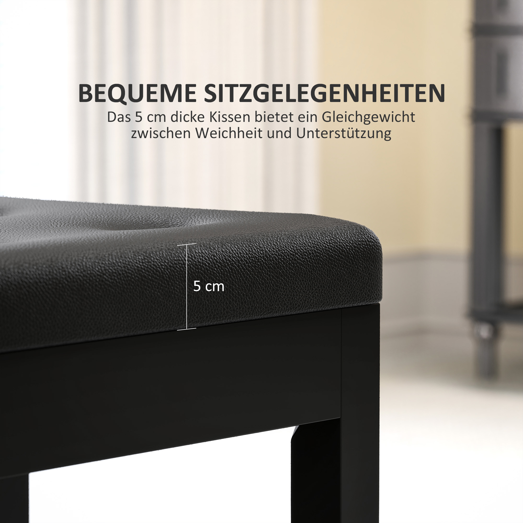 Klavierbank, Kunstlederbezug, gesteppte Knöpfe, Stauraum, Holzbeine, Schwarz