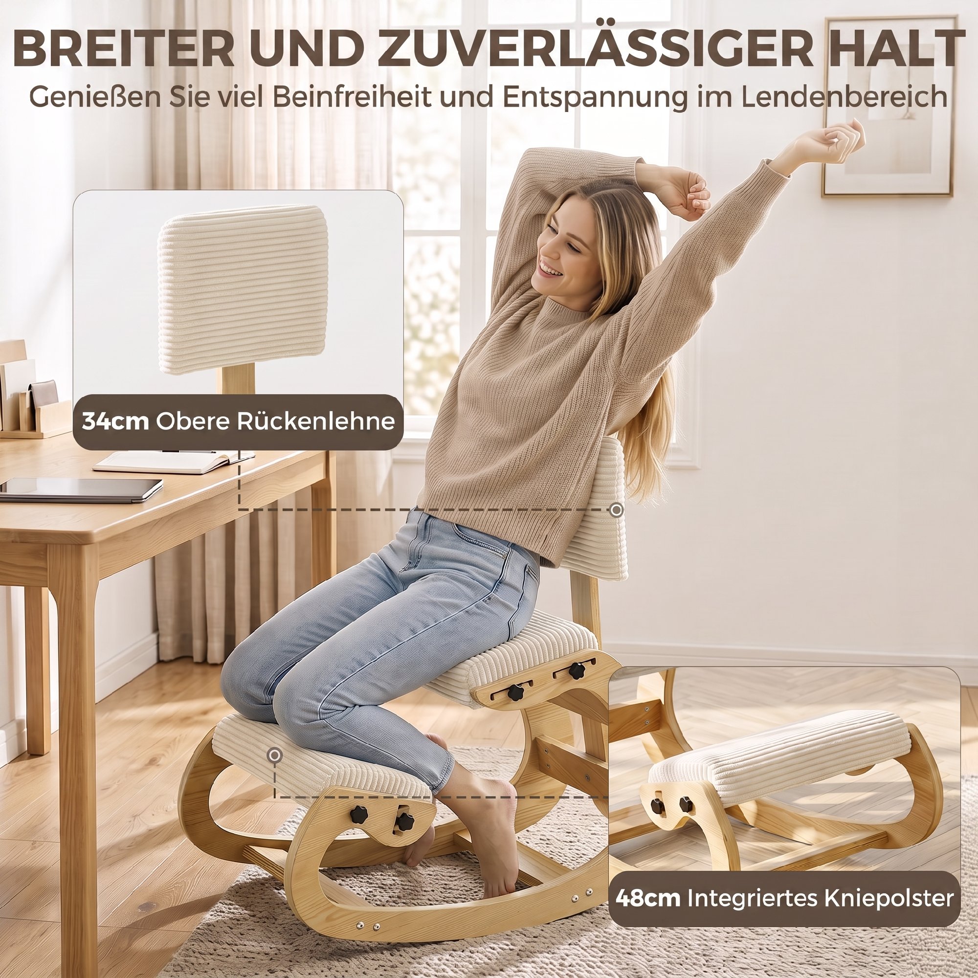 Ergonomischer Kniestuhl, Kniehocker mit Rückenlehne, Cord-Optik, Bürostuhl für Zuhause, Büro, Meditation, Cremeweiß