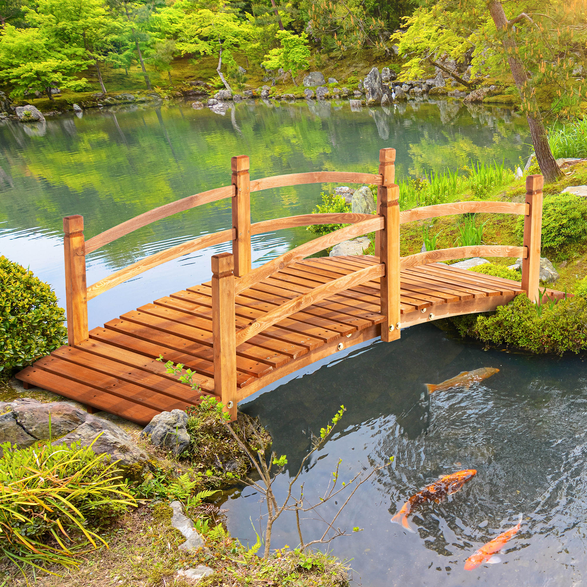 Gartenbrücke 1,85 m Holzbrücke begehbar Holzsteg Teichbrücke Zierbrücke mit Geländer bis 200 kg Massivholz Orange
