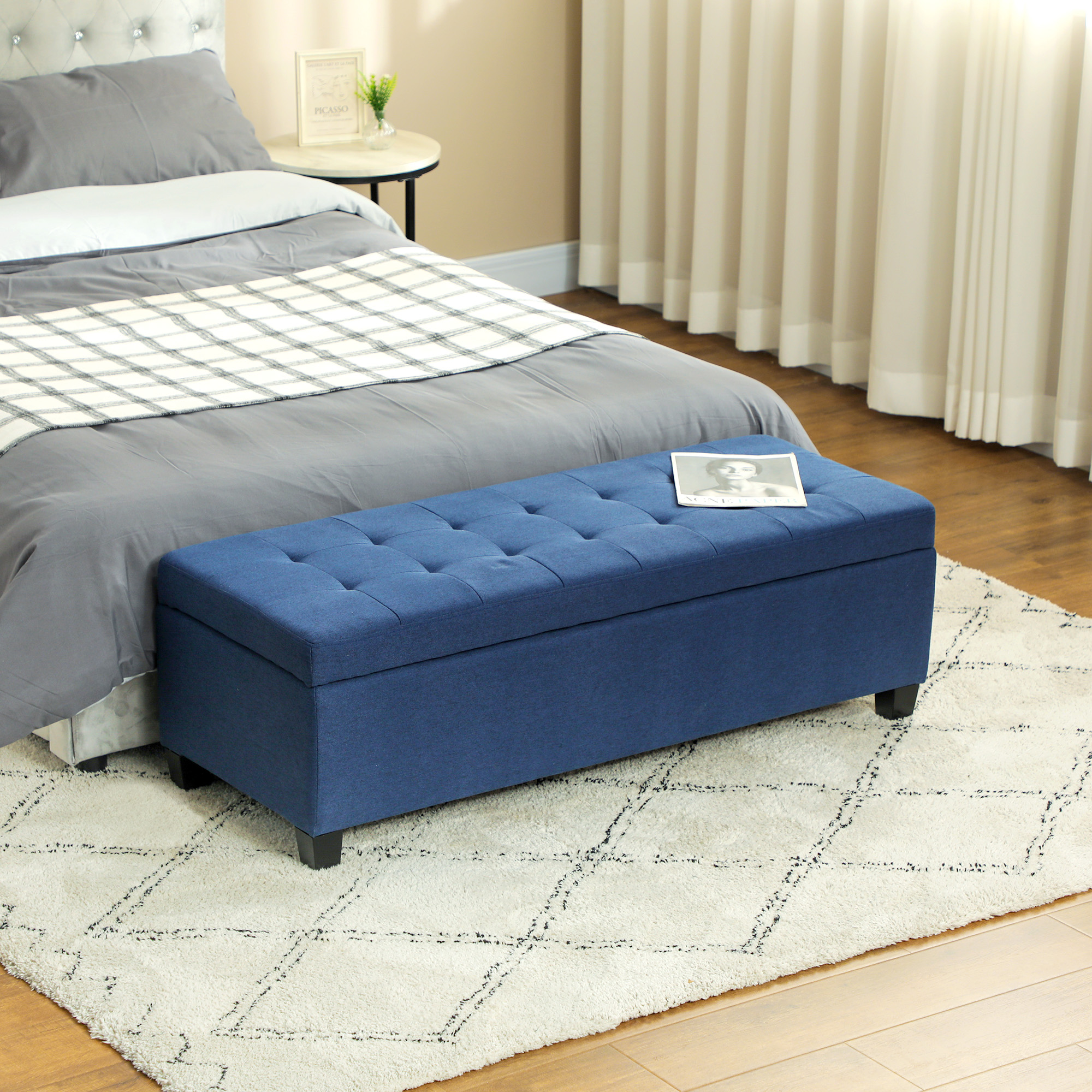 Sitzbank mit Stauraum, Ottomane, Flurbank, Knopfheftung,125,1 cm x 48,9 cm x 41,3 cm, Blau