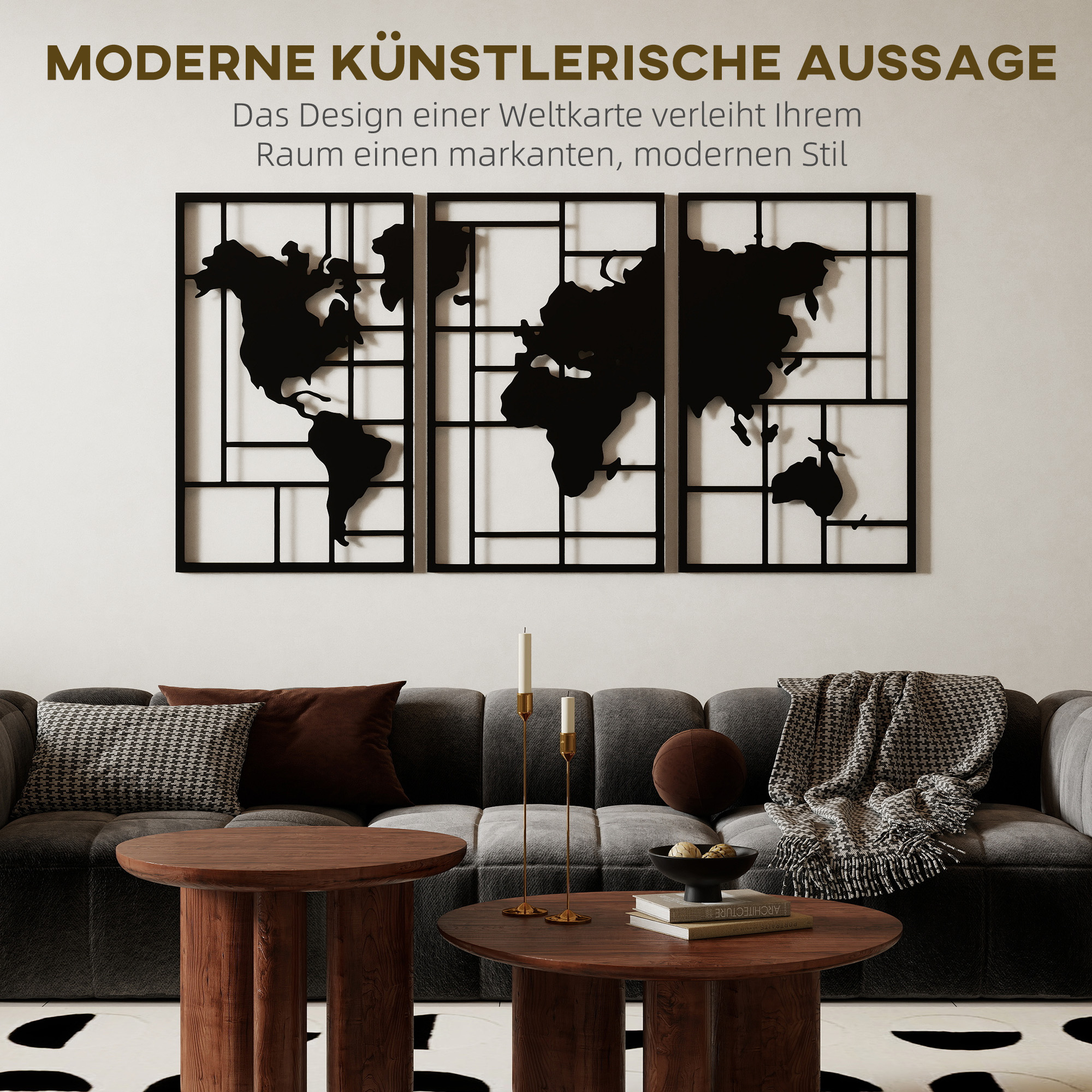 Wanddeko Metall 3 Stück Wanddekoration Weltkarte Wandkunst für Wohnzimmer Schlafzimmer Flur, 50 x 80 cm, Schwarz