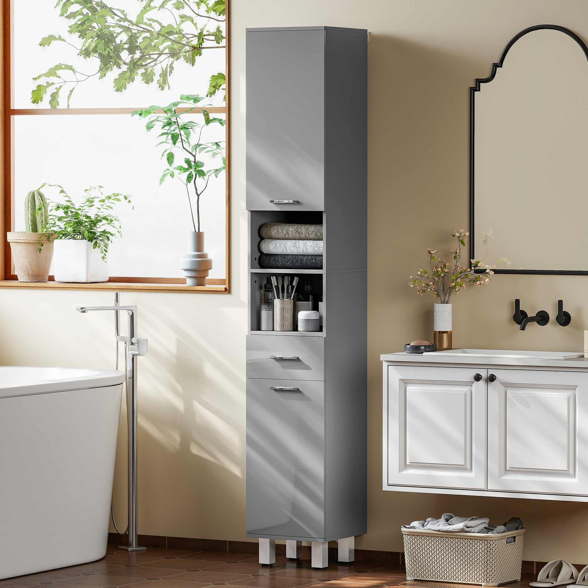 Badezimmerschrank, Badkommode, mit Regalen und Schublade, verstellbar, Grau