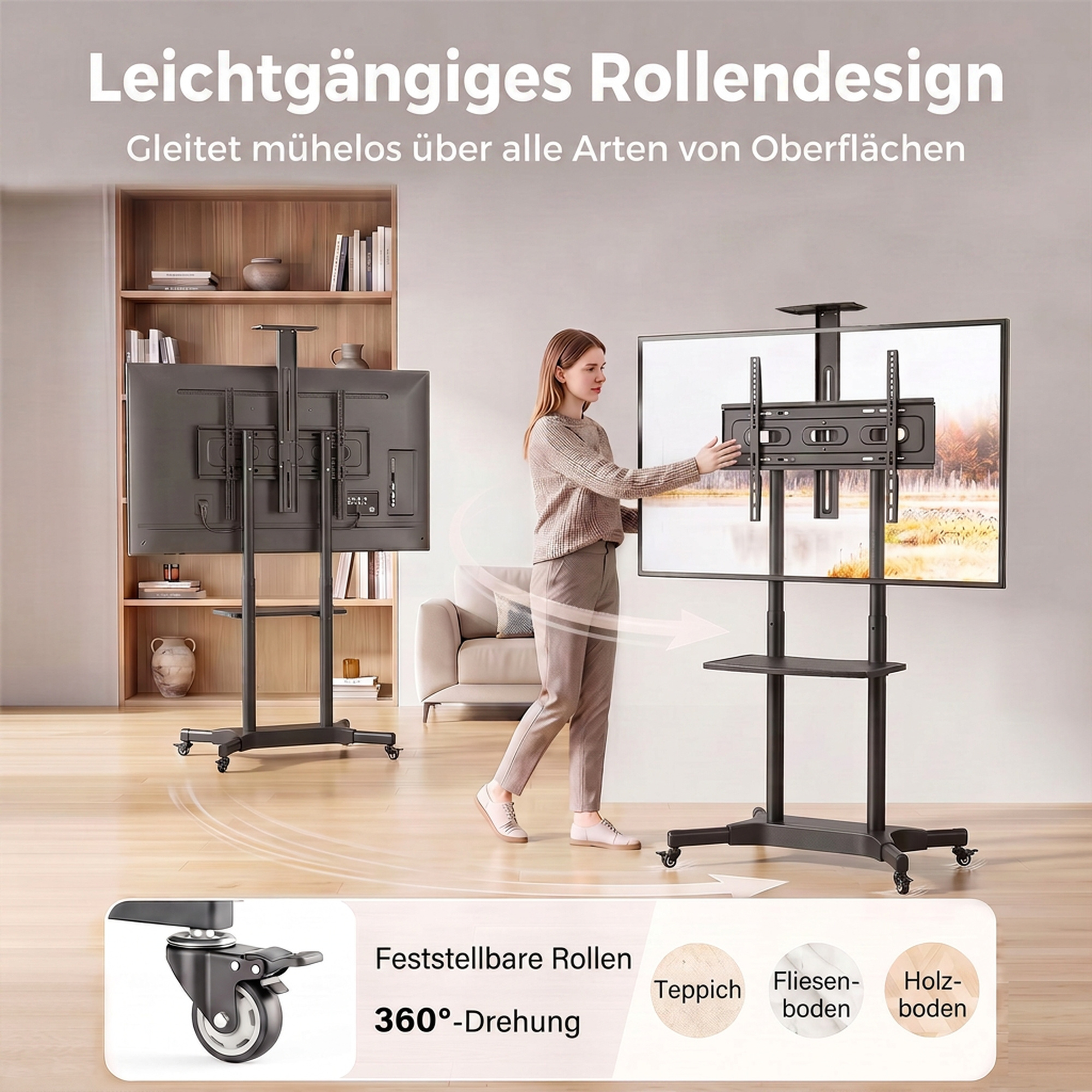 TV Ständer Rollbar für 32-75 Zoll Fernseher Höhenverstellbarer Fernsehständer mit 2 Ablagen, Metall, max. VESA 400x600mm