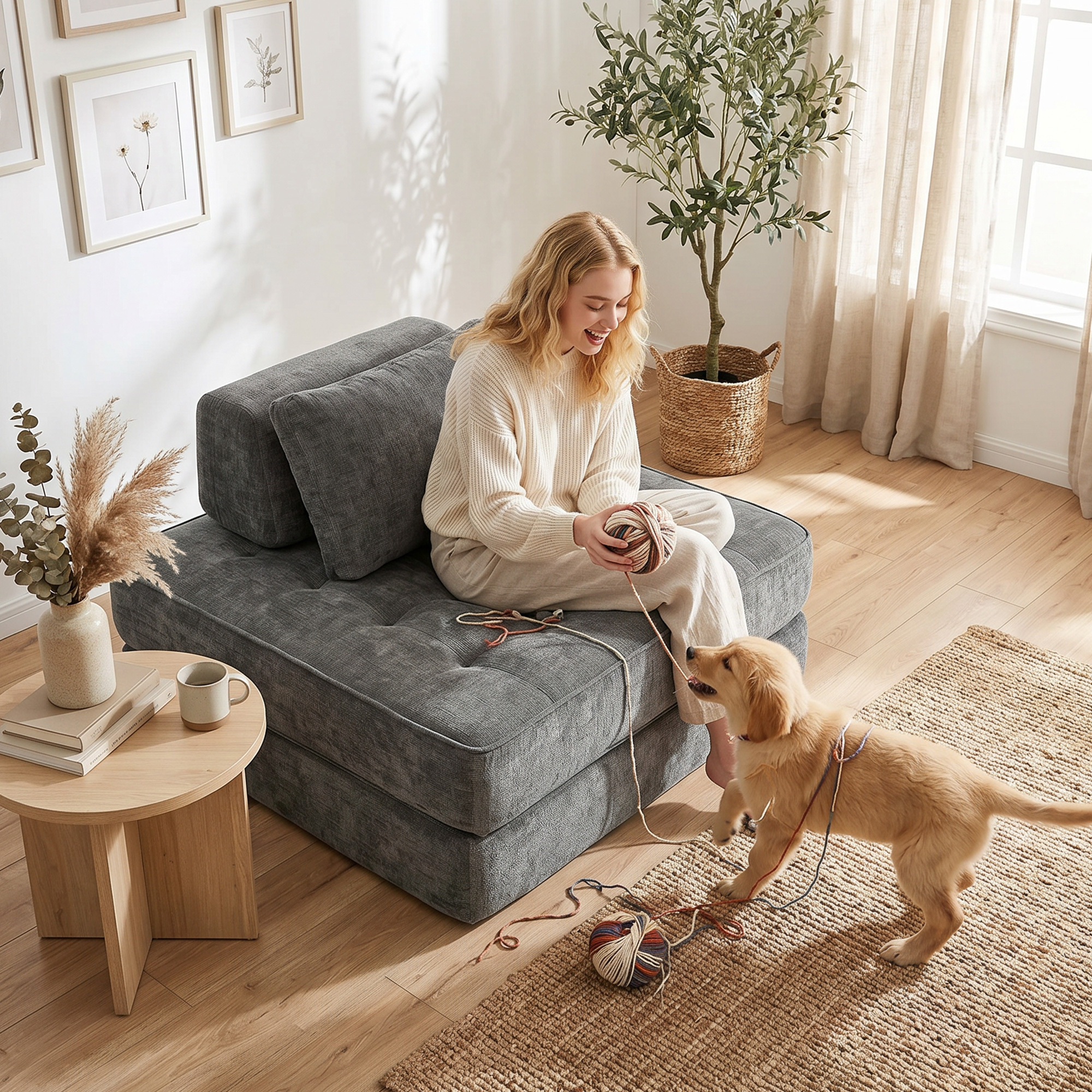 2-in-1 Boneless Cloud Schlafsessel, Klappbares Chenille-Bodensessel mit Dickem Stützkissen, Grau