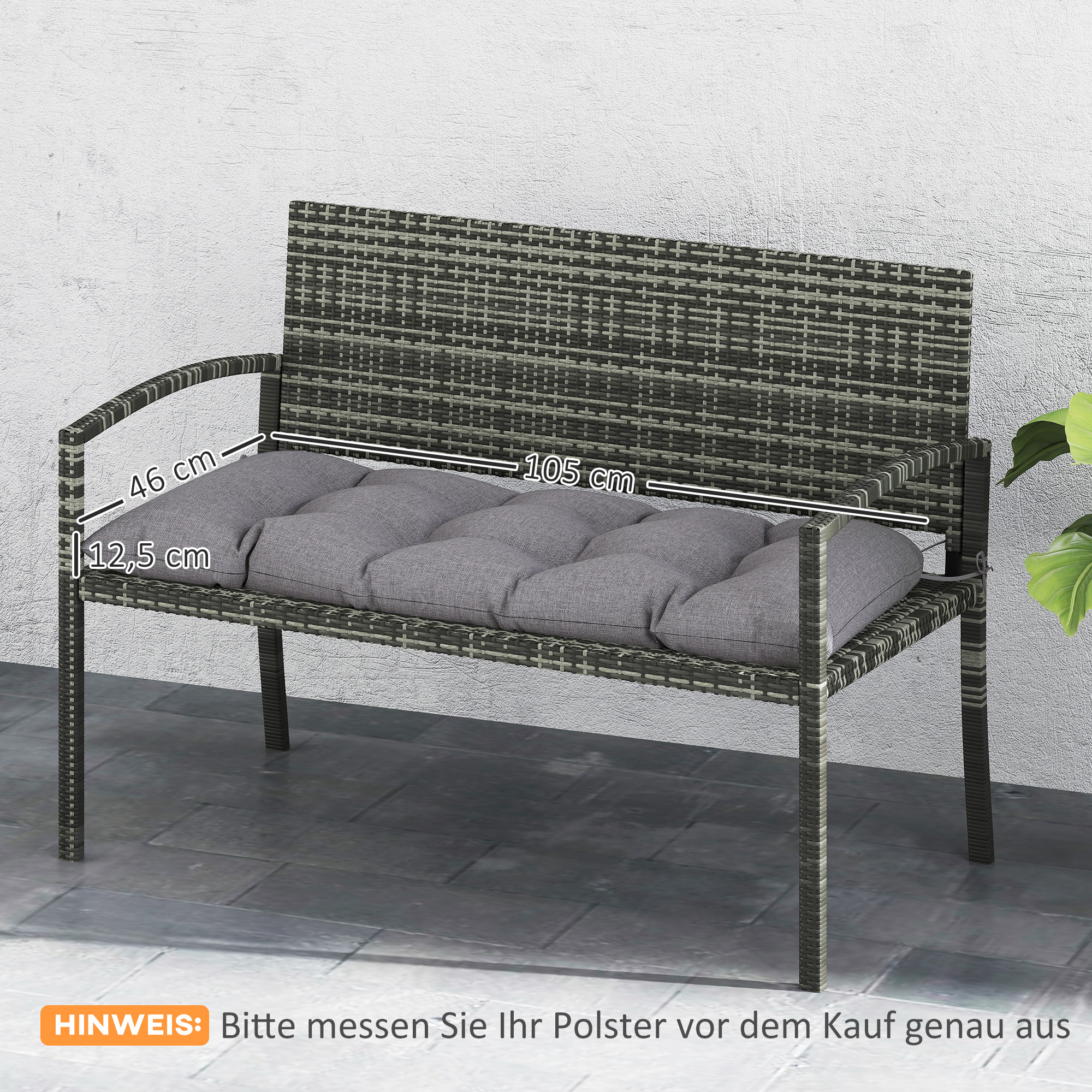 Bankauflage 105 x 46 x 12,5 cm Bankkissen mit Bändern, Outdoor Sitzkissen für Gartenmöbel, Sitzbank, Grau