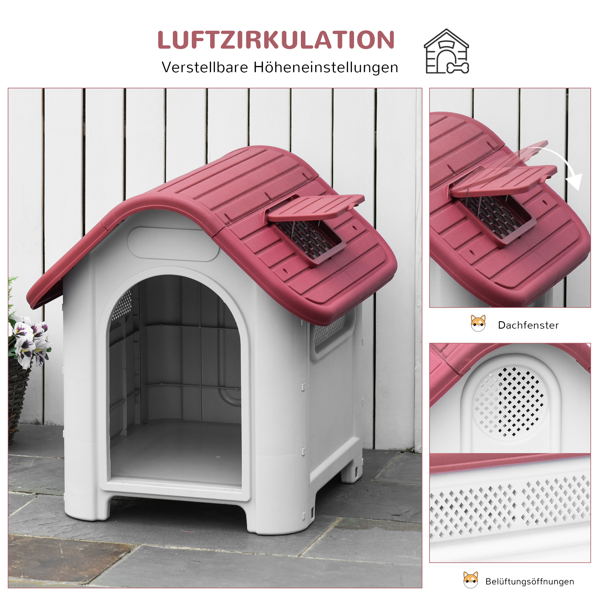 Hundehütte Outdoor Hundehaus mit Dachluke Tor Unterschlupf für kleine Hunde Kleintierstall Luftzirkulation wasserdicht Metall Kunststoff Rot+Hellgrau 59 x 75 x 66 cm