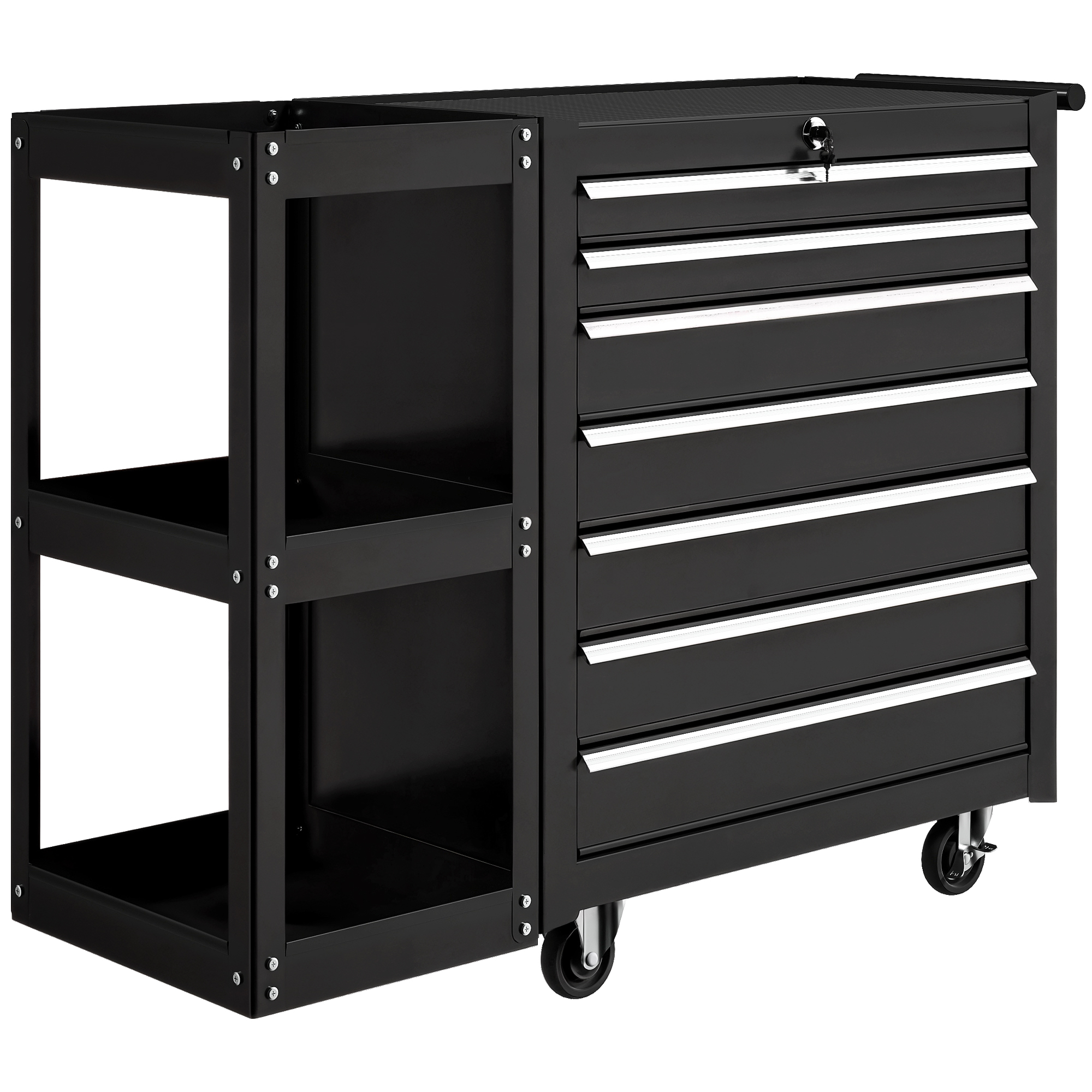 Werkstattwagen Werkzeugwagen mit 7 Schubladen abnehmbar Seitenregal 4 Rollen mit Feststellbremse, 96x33,5x75cm, Schwarz