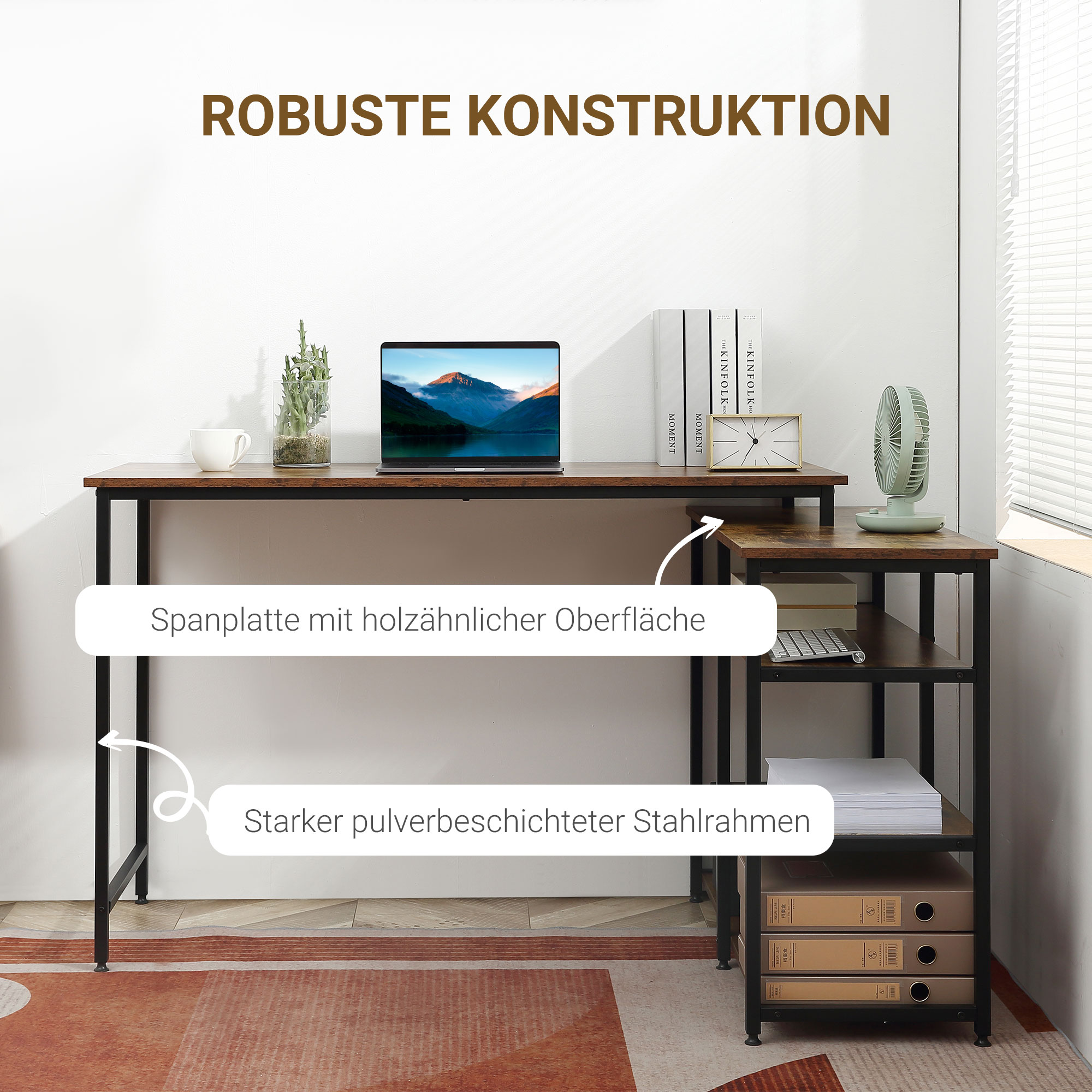 Eckschreibtisch Winkelschreibtisch PC-Tisch Computertisch Bürotisch Regal Schublade L-Form Spanplatte Metall Rustikales Braun 135 x 90 x 79 cm