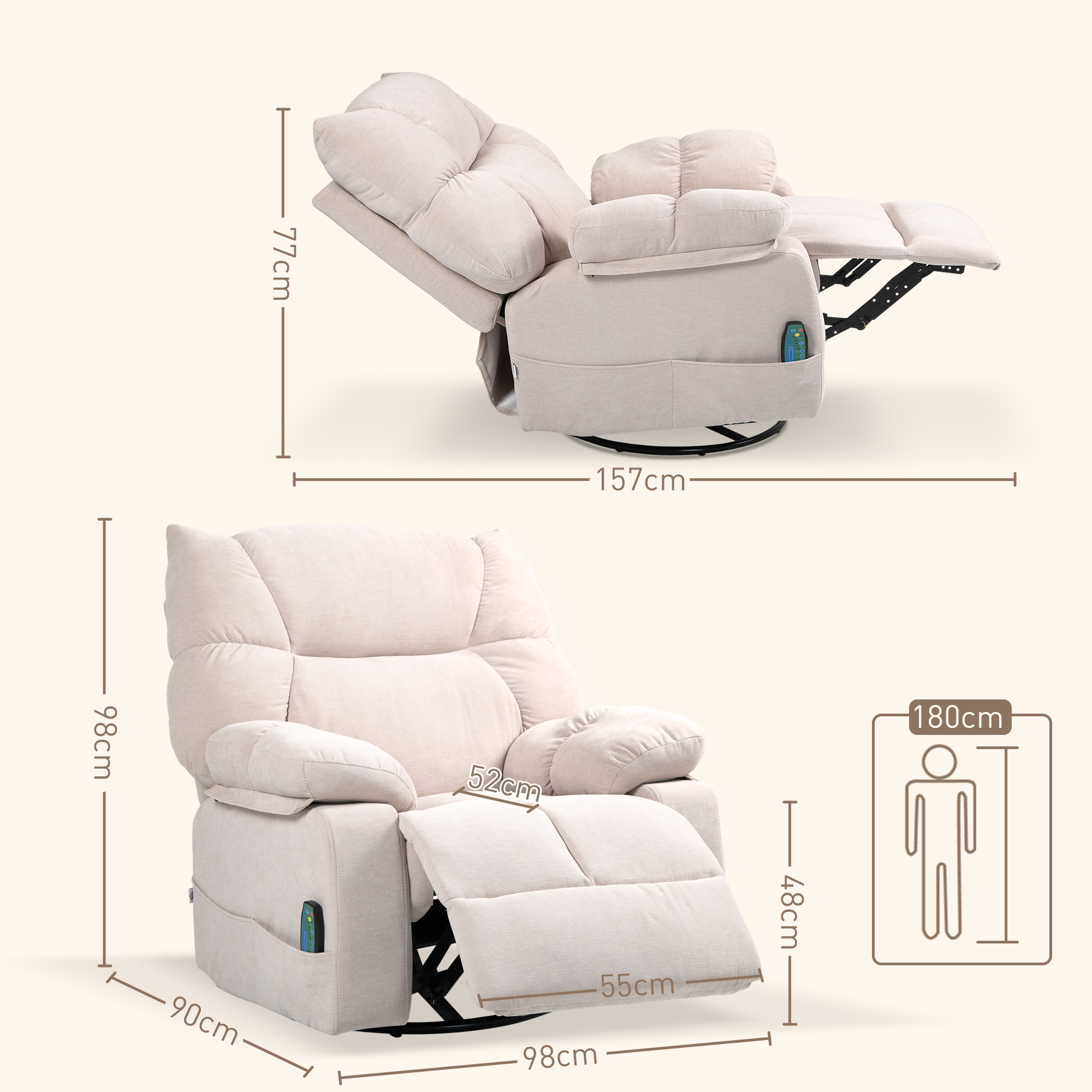 Massagesessel mit Wärme- & Liegefunktion, drehbar, bis 150 kg, Metallgestell, 98x90x98cm, Beige