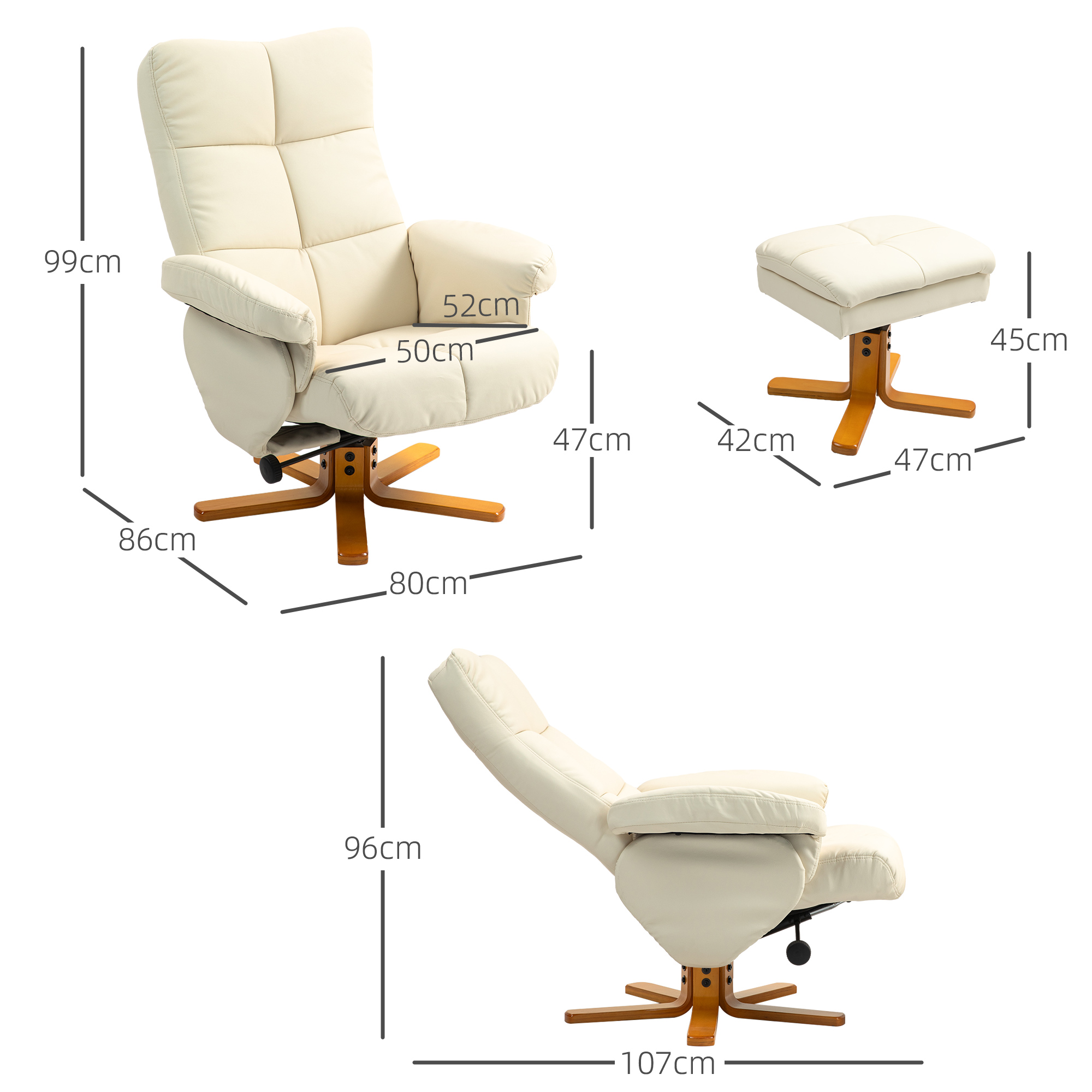 Relaxsessel mit Hocker, 145° neigbare Rückenlehne, 360° drehbar, Kunstleder, Cremeweiß