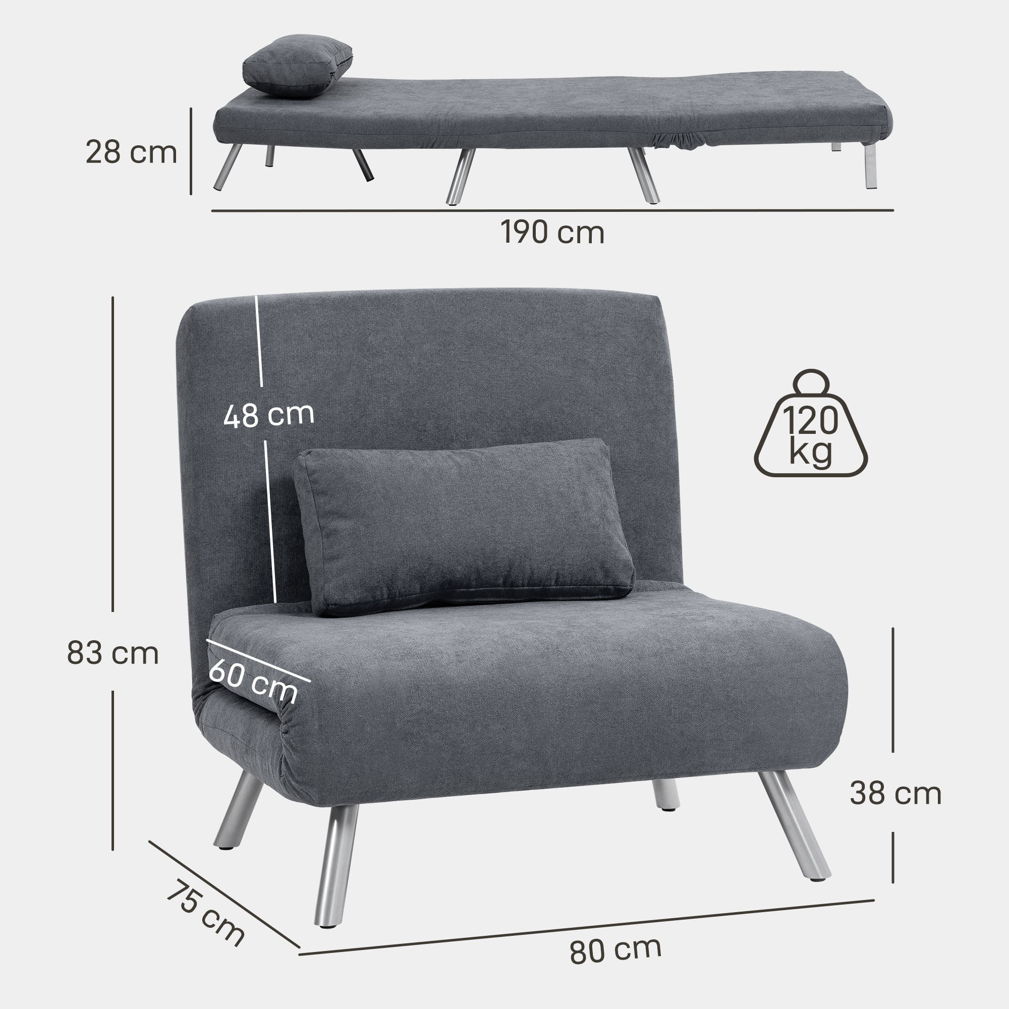 Polstersessel mit Bettfunktion, 3-in-1 Design, Schlafsessel, Gästebett, Stoffbezug, mit Kissen, Dunkelgrau