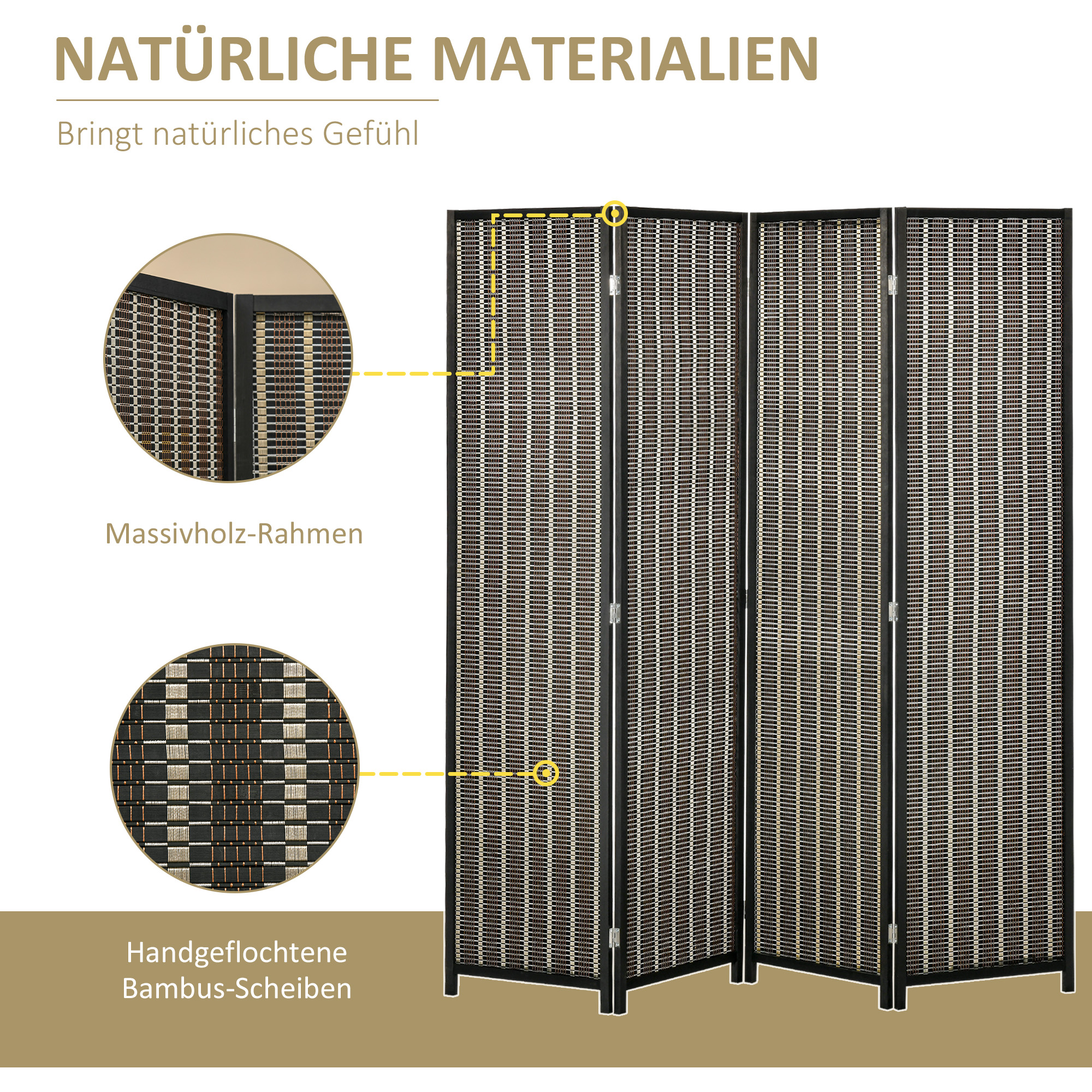 Raumteiler, faltbar, Kiefernholz/Bambus, 180 x 180 cm, Braun/Schwarz