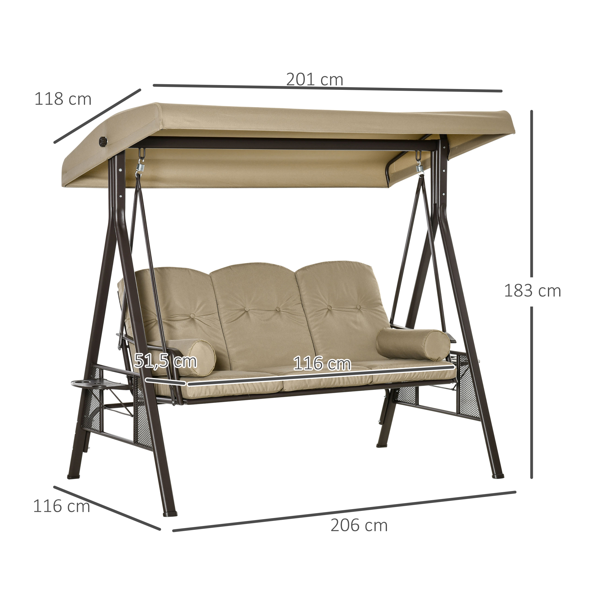 3-Sitzer Hollywoodschaukel Gartenschaukel mit Sonnendach Kissen Metall Polyester Khaki 116 x 206 x 183 cm
