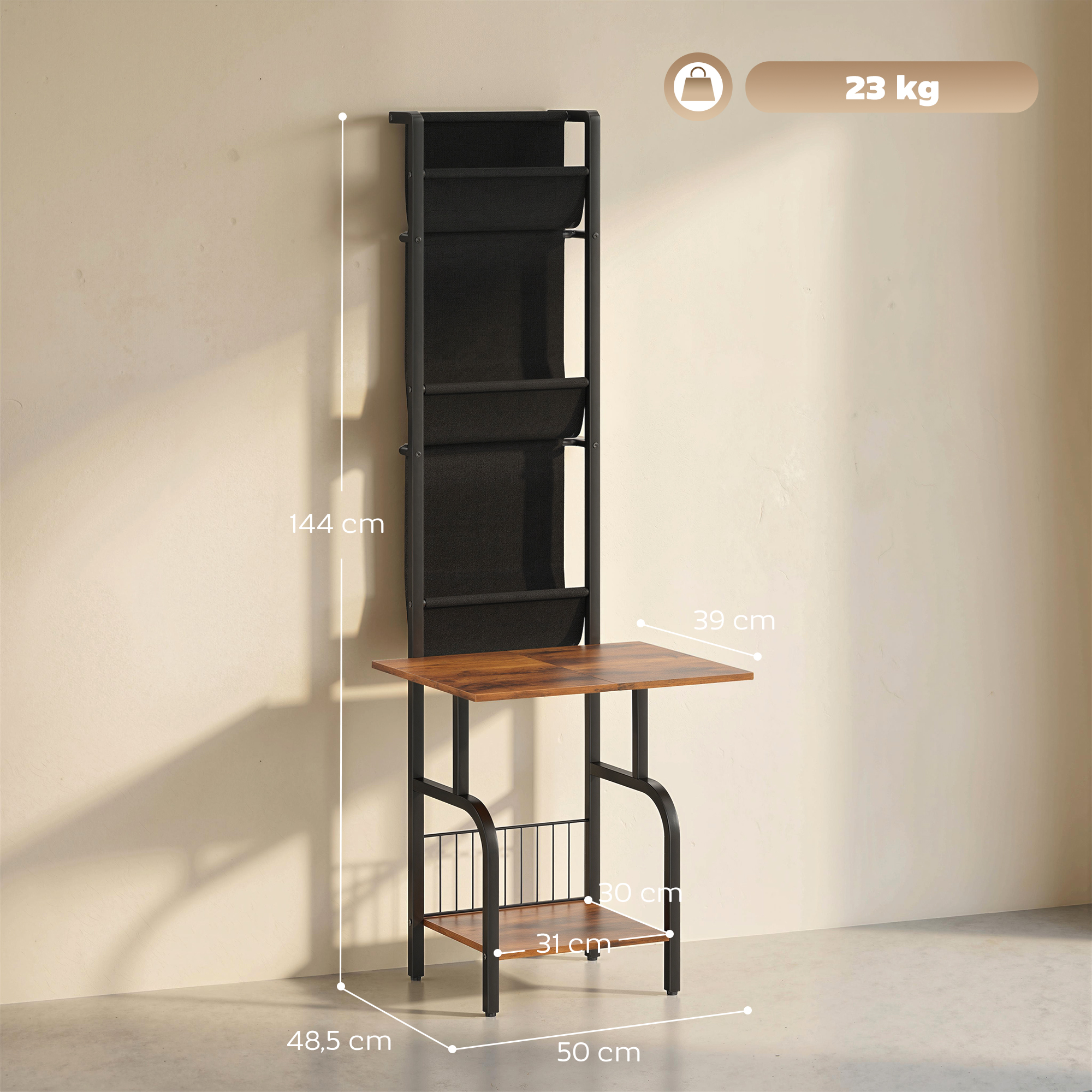 CD-Regal, CD-Aufbewahrung, DVD-Ständer mit 3 Stofftaschen und Tischplatte, Rustikale Holzoptik in Braun