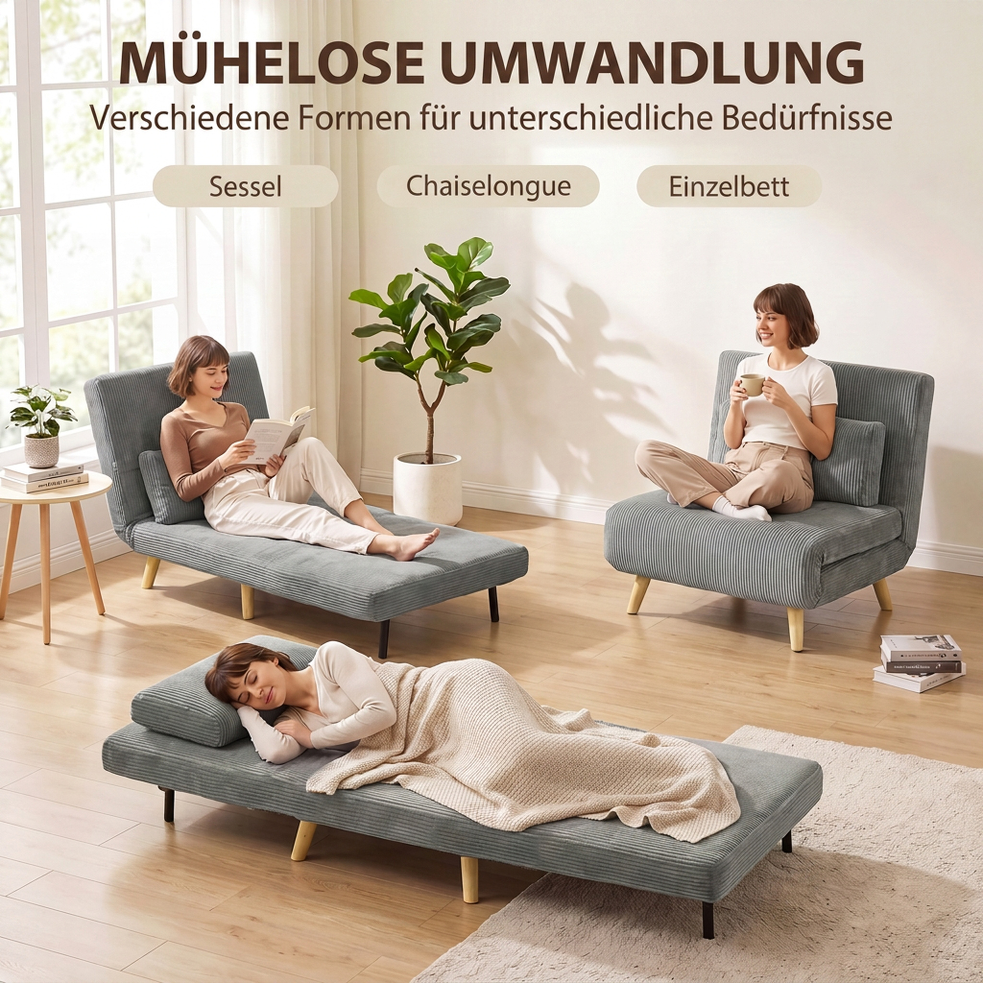 Schlafsessel 3-in-1, ausklappbarer Sessel aus Cord mit Schlaffunktion verstellbare Rückenlehne, Kissen Dunkelgrau