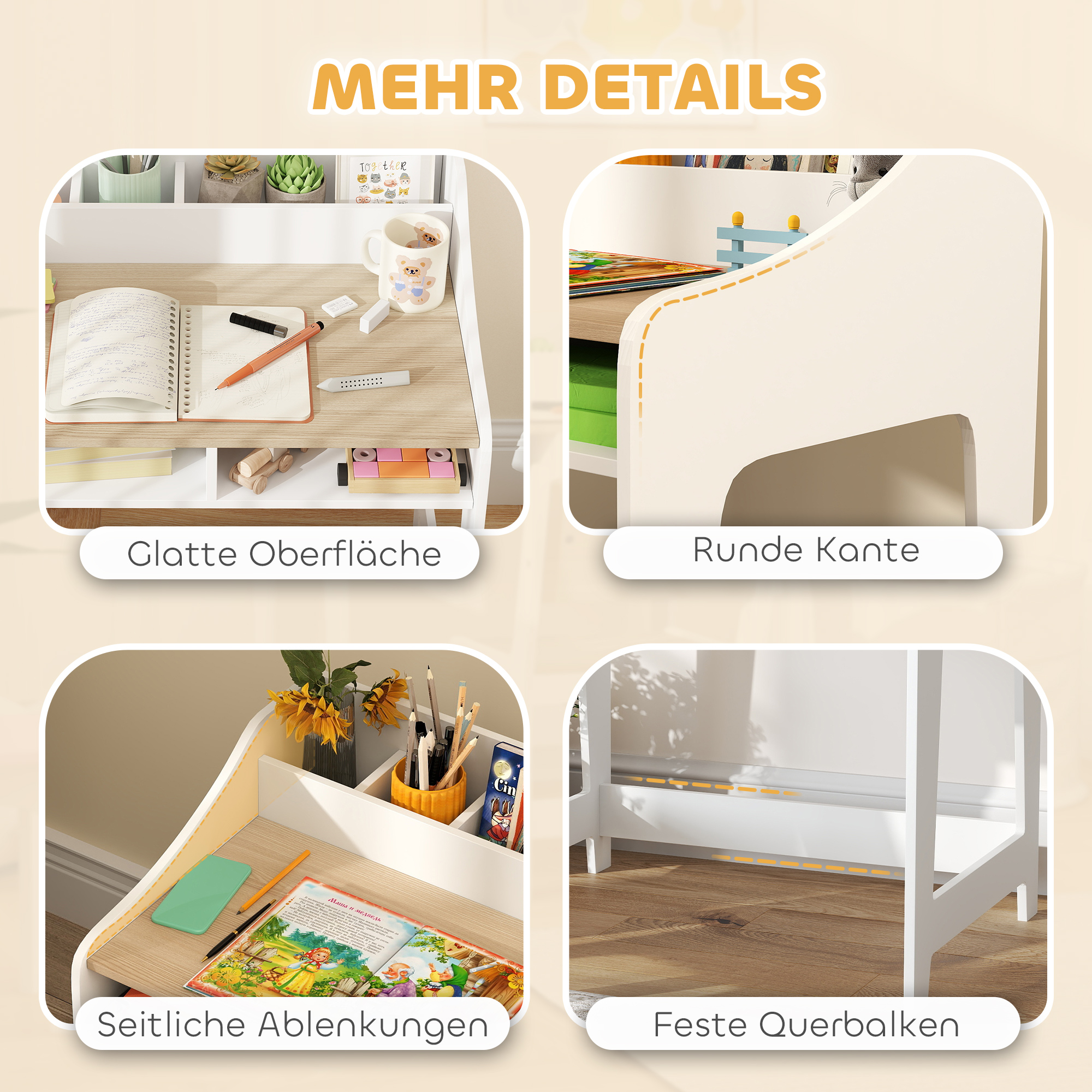 Kinder-Schreibtisch-Set mit Stauraum, offene Fächer, Stuhl, 3-8 Jahre, Holz