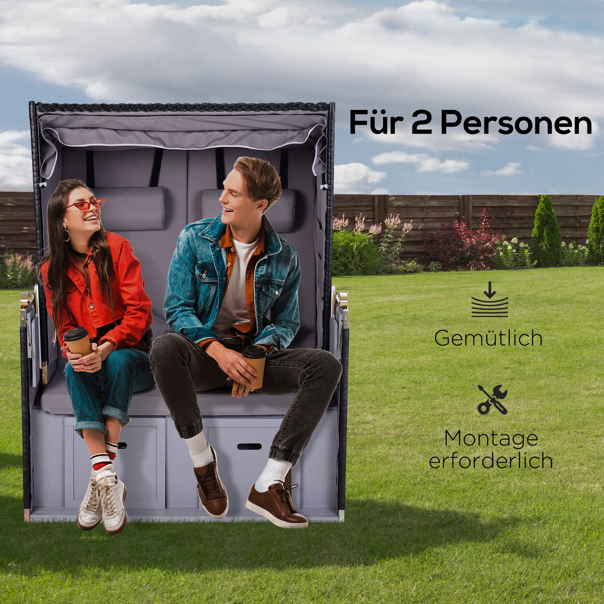 Strandkorb für 2 Personen mit neigbarer Rücklehne Grau 118 x 79 x 150cm
