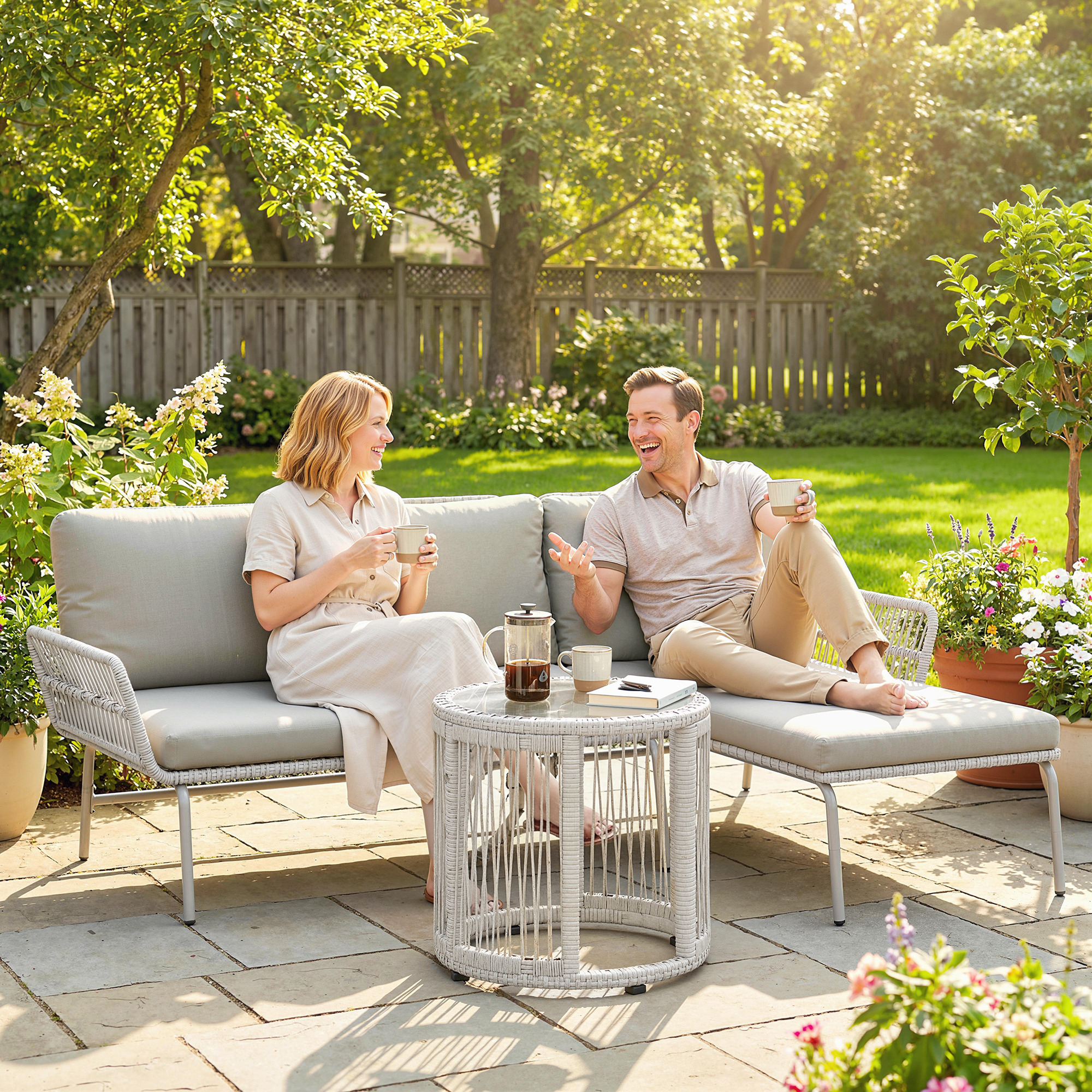 Polyrattan Gartenmöbel Set 3-teilig, Lounge Set mit Chaiselongue Zweisitzersofa Glastisch abnehmbar Kissen