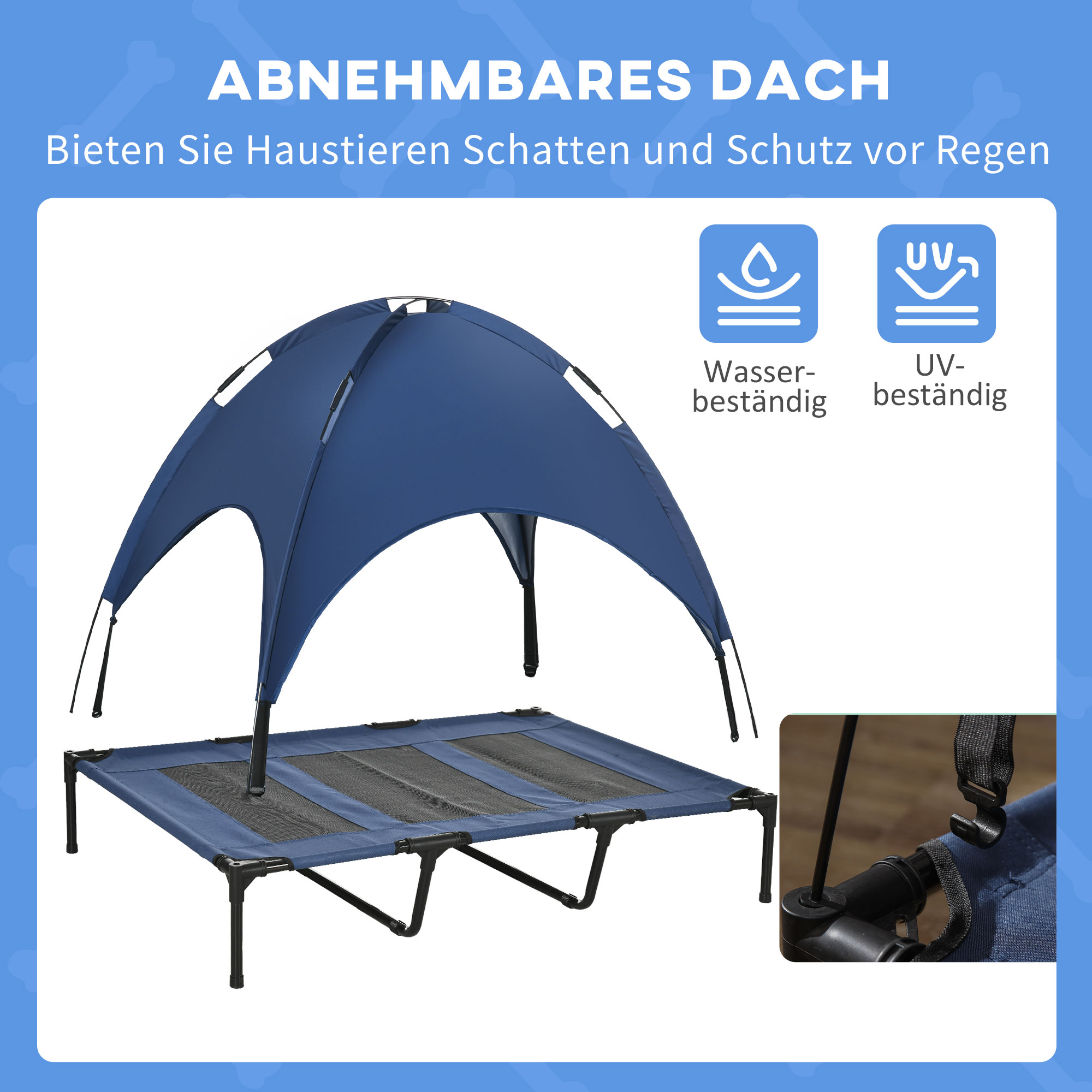 Outdoor-Hundeschlafplatz Wetterfestes Hundebett, mit Baldachin, klappbar, 122 x 92 x 108 cm, Blau + Schwarz