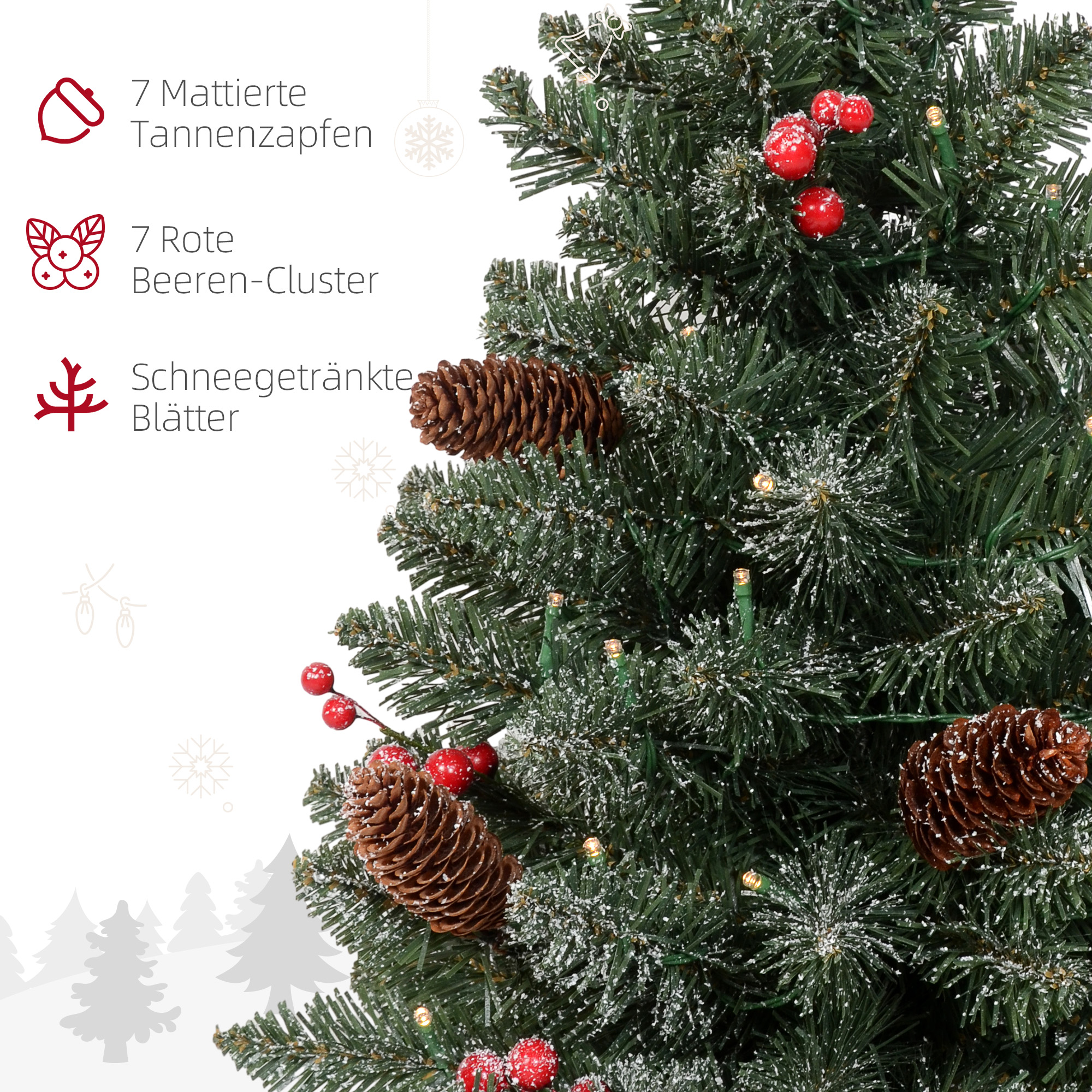 Weihnachtsbaum mit LED-Beleuchtung, 60 cm, Tannenzapfen und rote Beeren, inkl. Ständer, Grün/Weiß