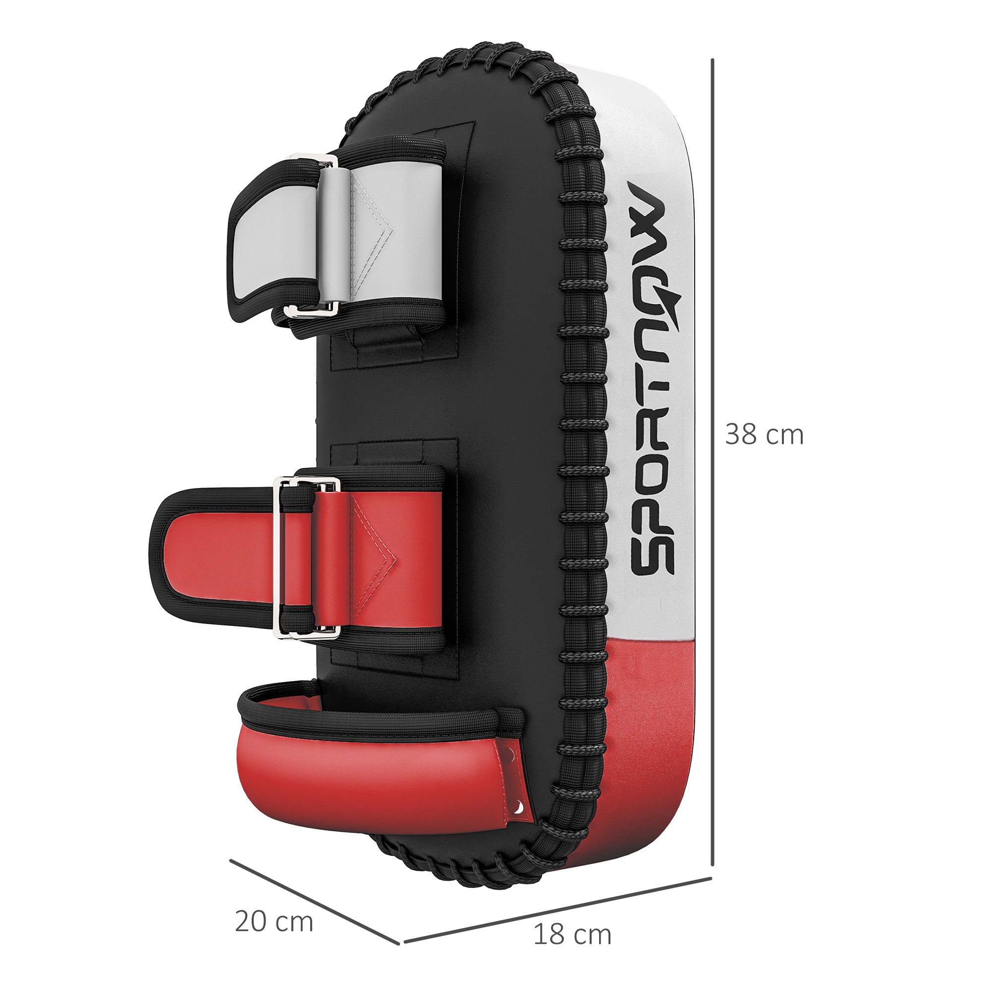Kickpolster fürMuay Thai, Kickboxen, Kunstlederbezug, 0,4 kg, 38x20x18 cm, Schwarz/Rot/Weiß