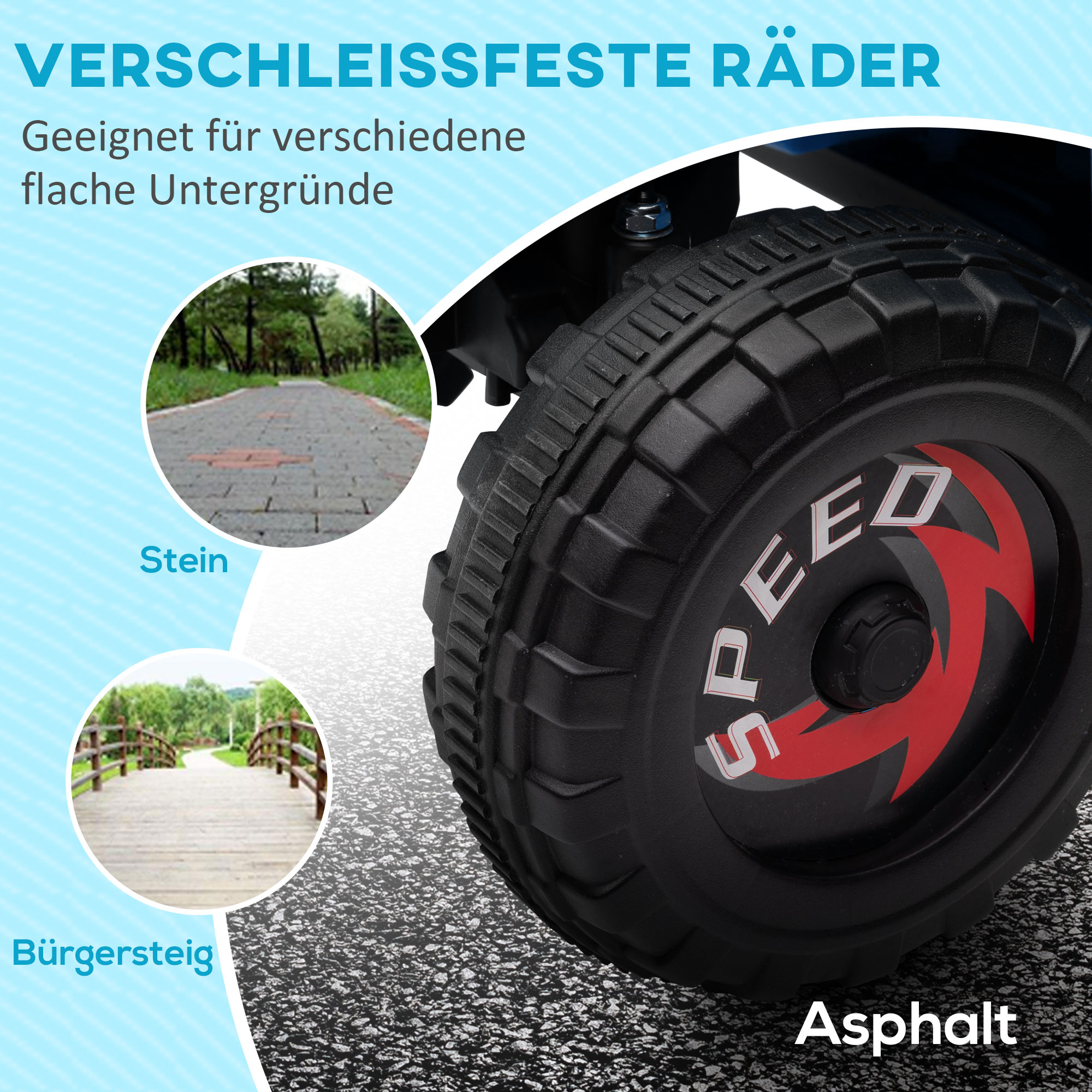 Kinderquad, aufladbar, 2,5 km/h, mit Anhänger, 50 Min. Fahrzeit, für Kinder 1,5 bis 3 Jahre, Blau