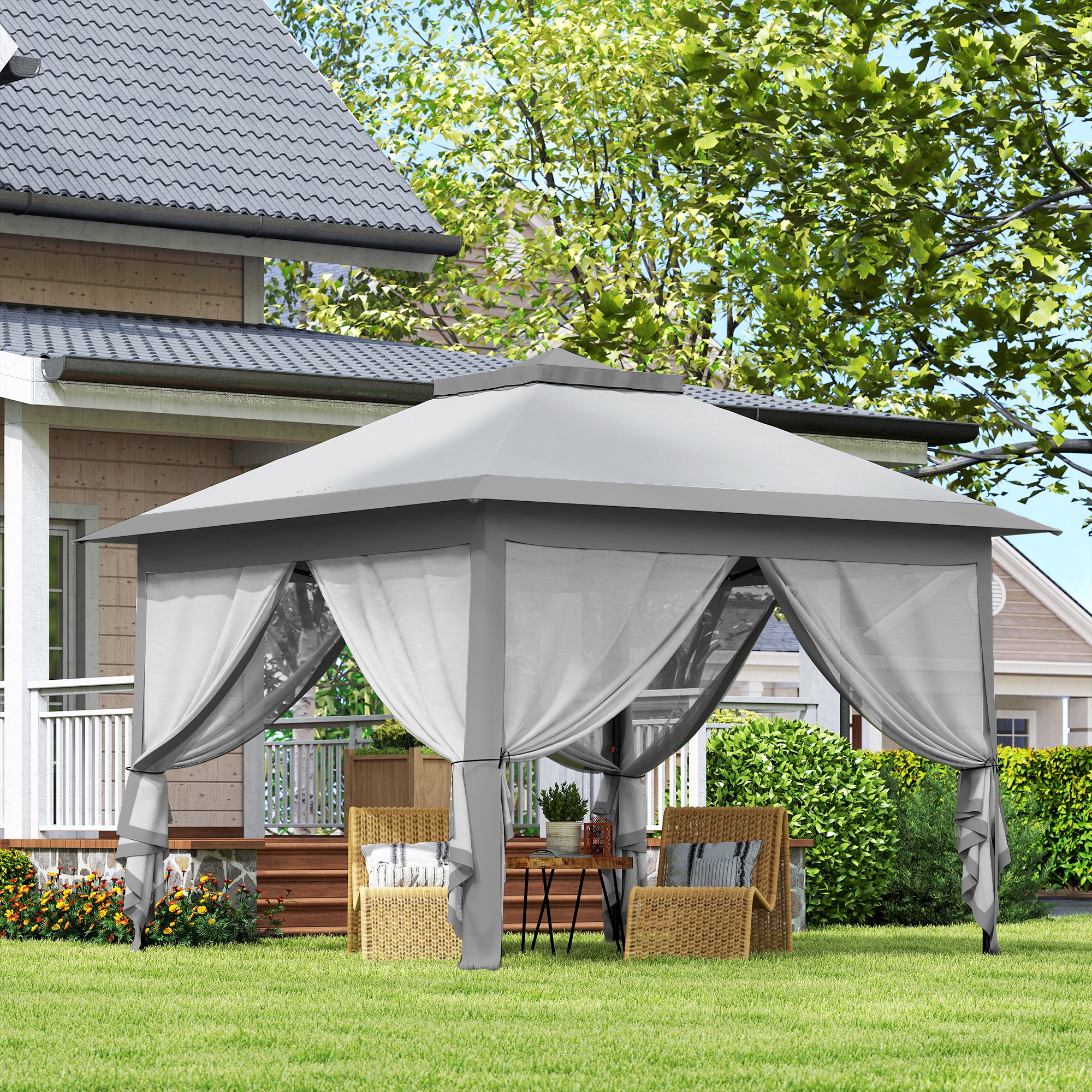 Faltpavillon, Gartenpavillon, Metall und Stoffplane, Netzvorhänge, Entwässerungslöcher, 330L x 330B x 288H cm, Grau