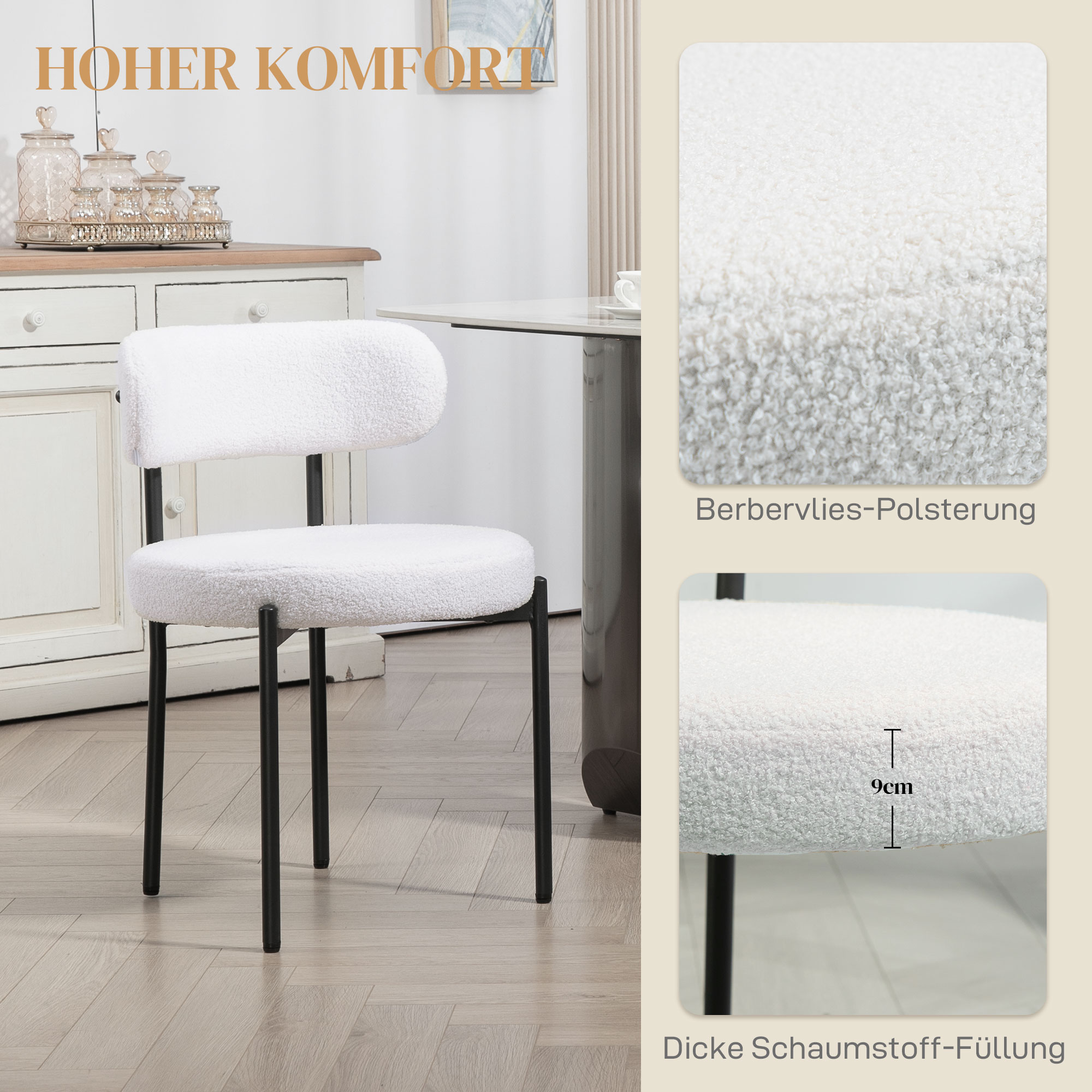 2er-Set Esszimmerstühle, Fleece-Polsterung, Stühle mit Polstersitz, Metallbeine, Cremeweiß