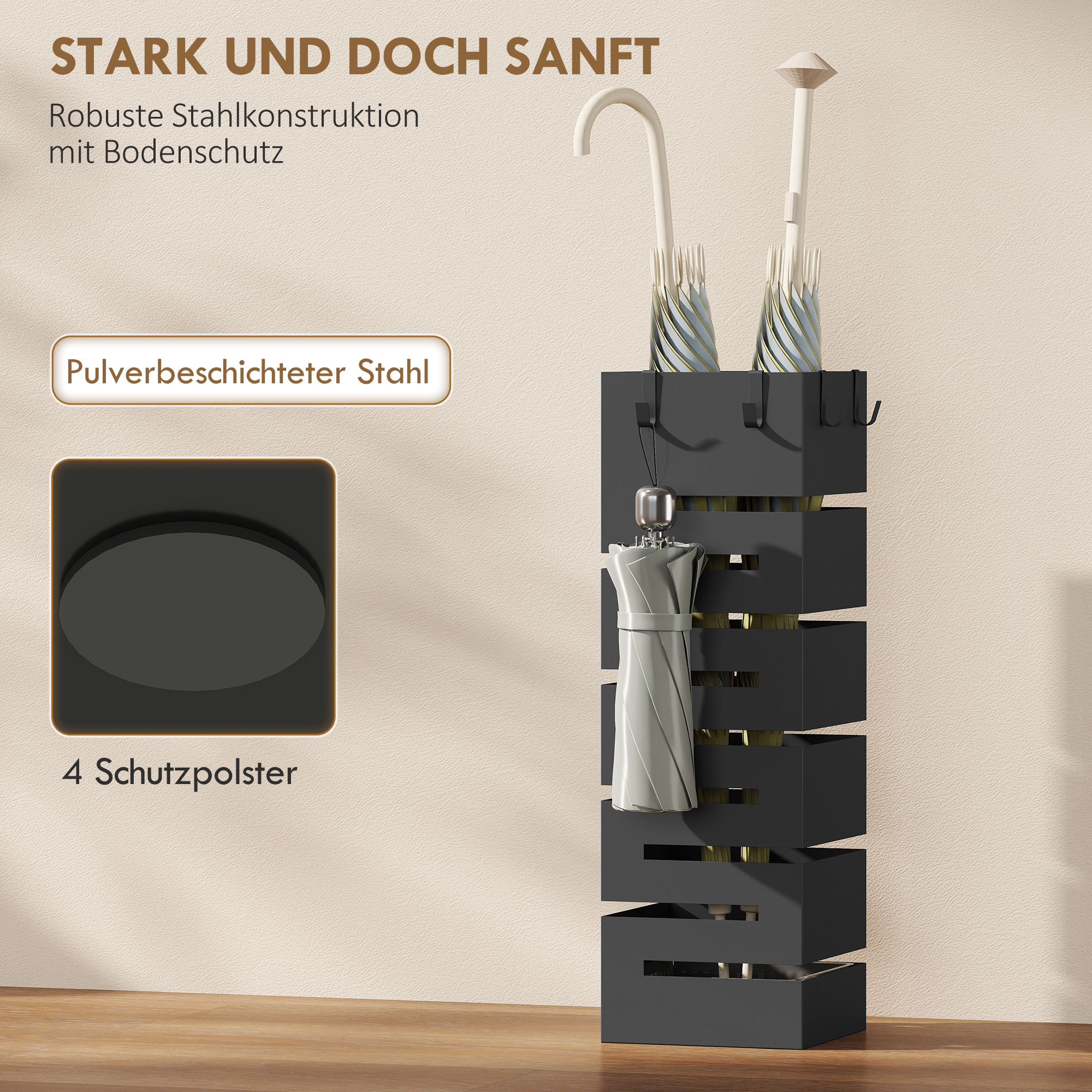 Regenschirmhalter, Metallständer für Schirme, Freistehender Schirmständer mit Haken und Tropfschale, Platz für 8 Schirme, Schwarz