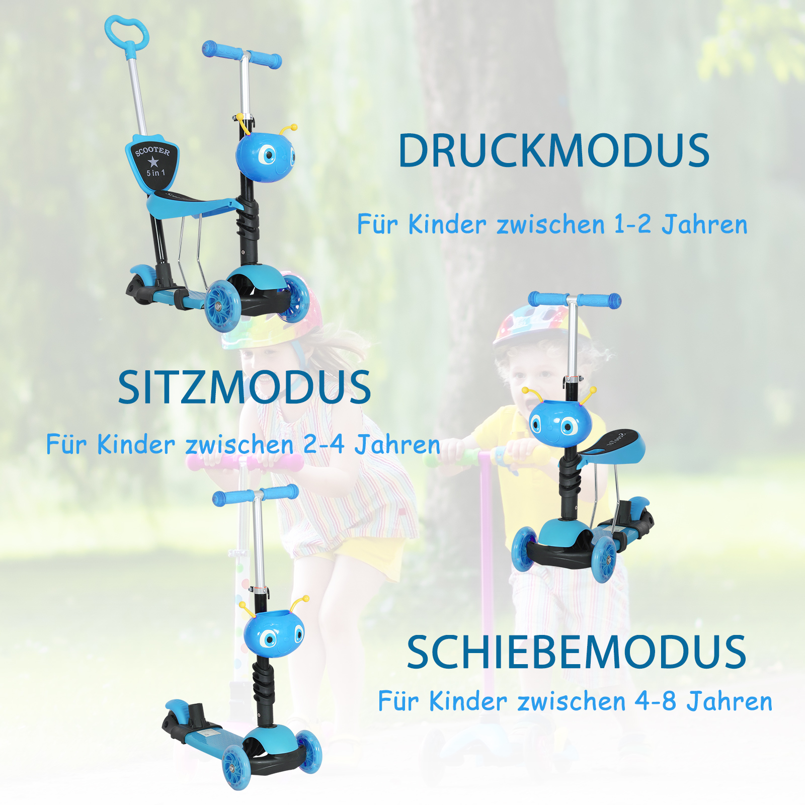 5-in-1 Kinderroller Scooter Tretroller Cityroller Kinder Roller Kickboard Lenker Teleskoprohr höhenverstellbar Blau 62 x 25 x 72,5 cm
