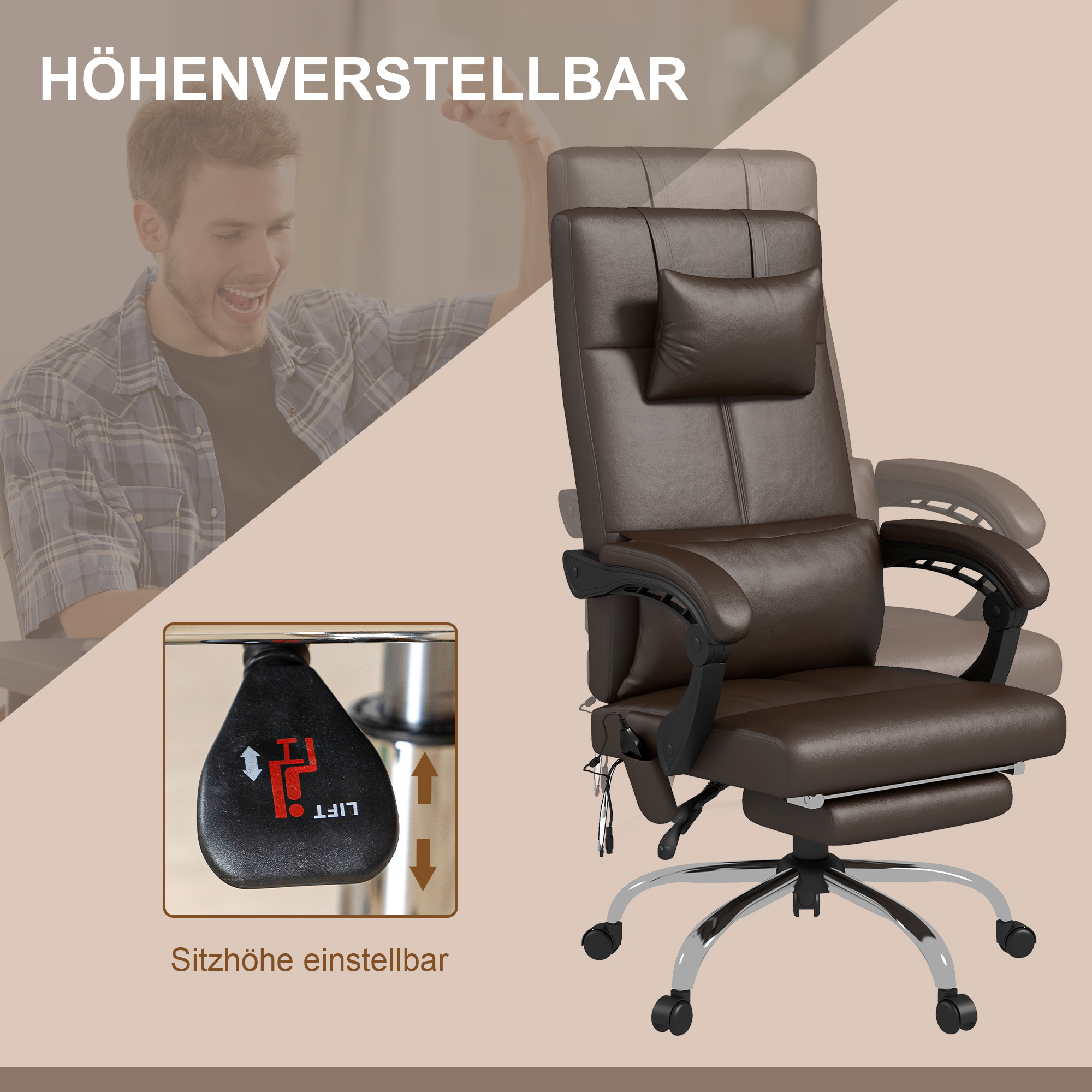 Bürostuhl mit Massagefunktion, Ergonomischer Schreibtischstuhl mit Liegefunktion, Kopfkissen, höhenverstellbar, Braun