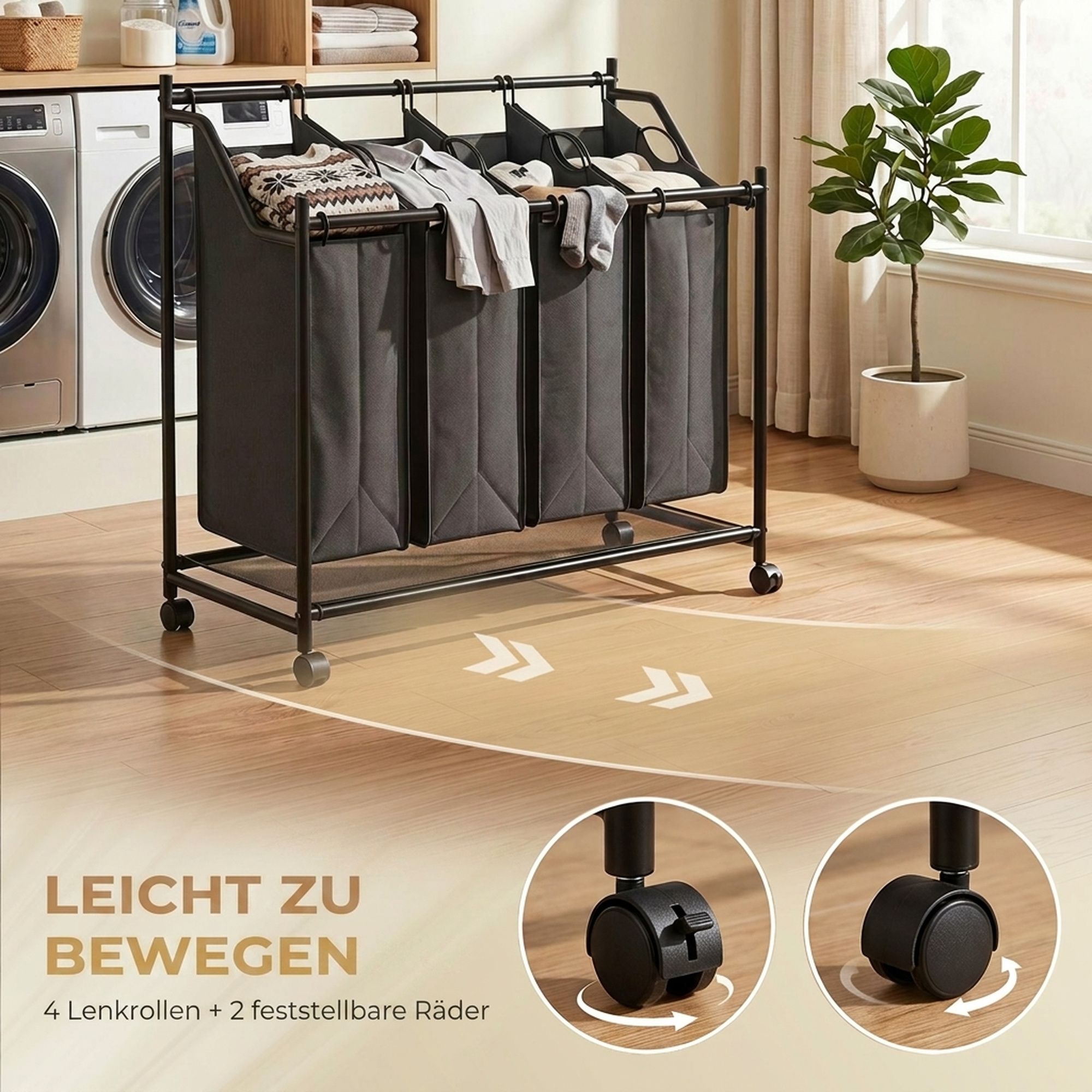 Wäschesammler mit Griff, 108 L rollbarer Wäschekorb mit 4 Fächern und Rollen, Schwarz