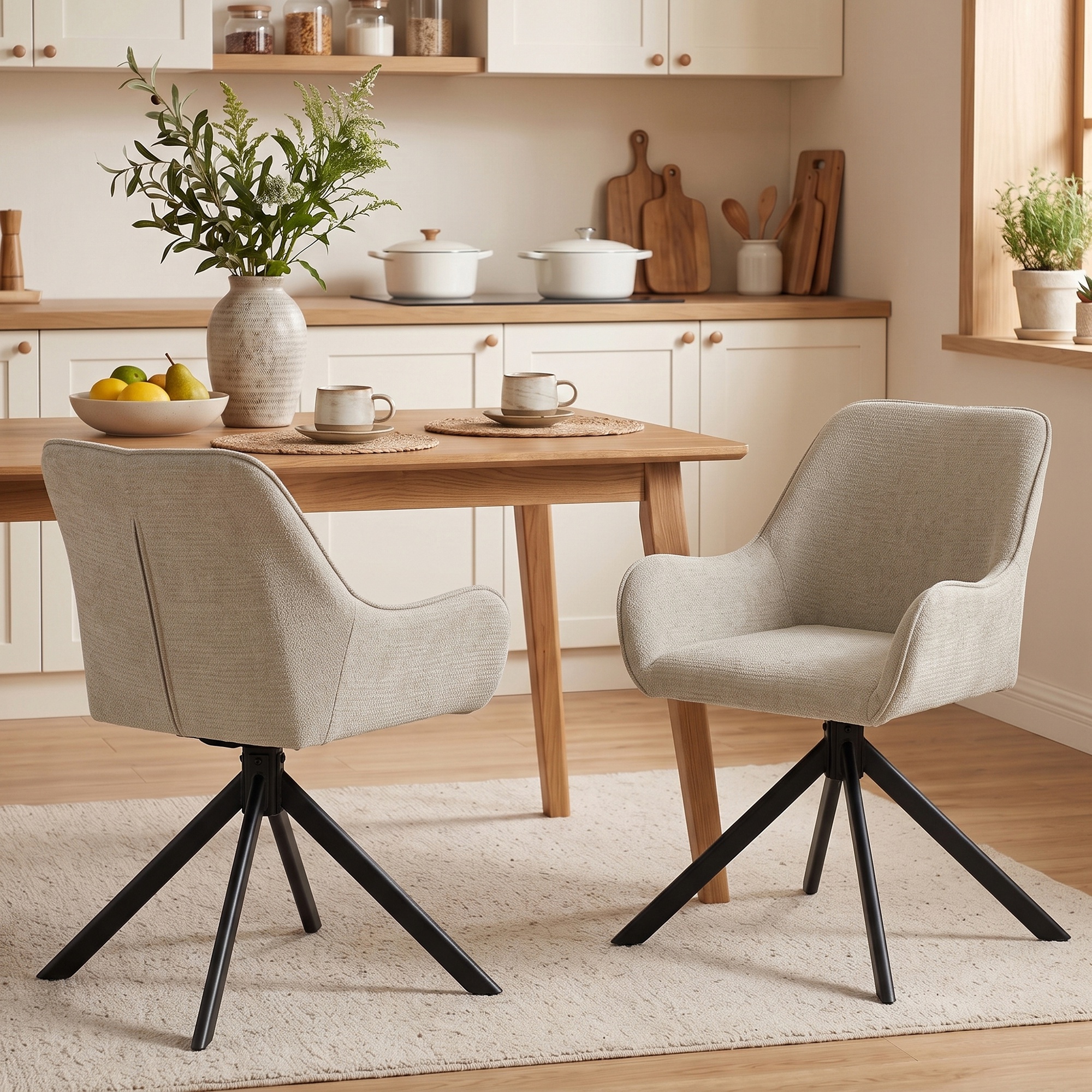 Esszimmerstühle 2er-Set, Drehbarer Küchenstuhl mit Armlehnen, Metallrahmen für Wohnzimmer, Esszimmer, Beige