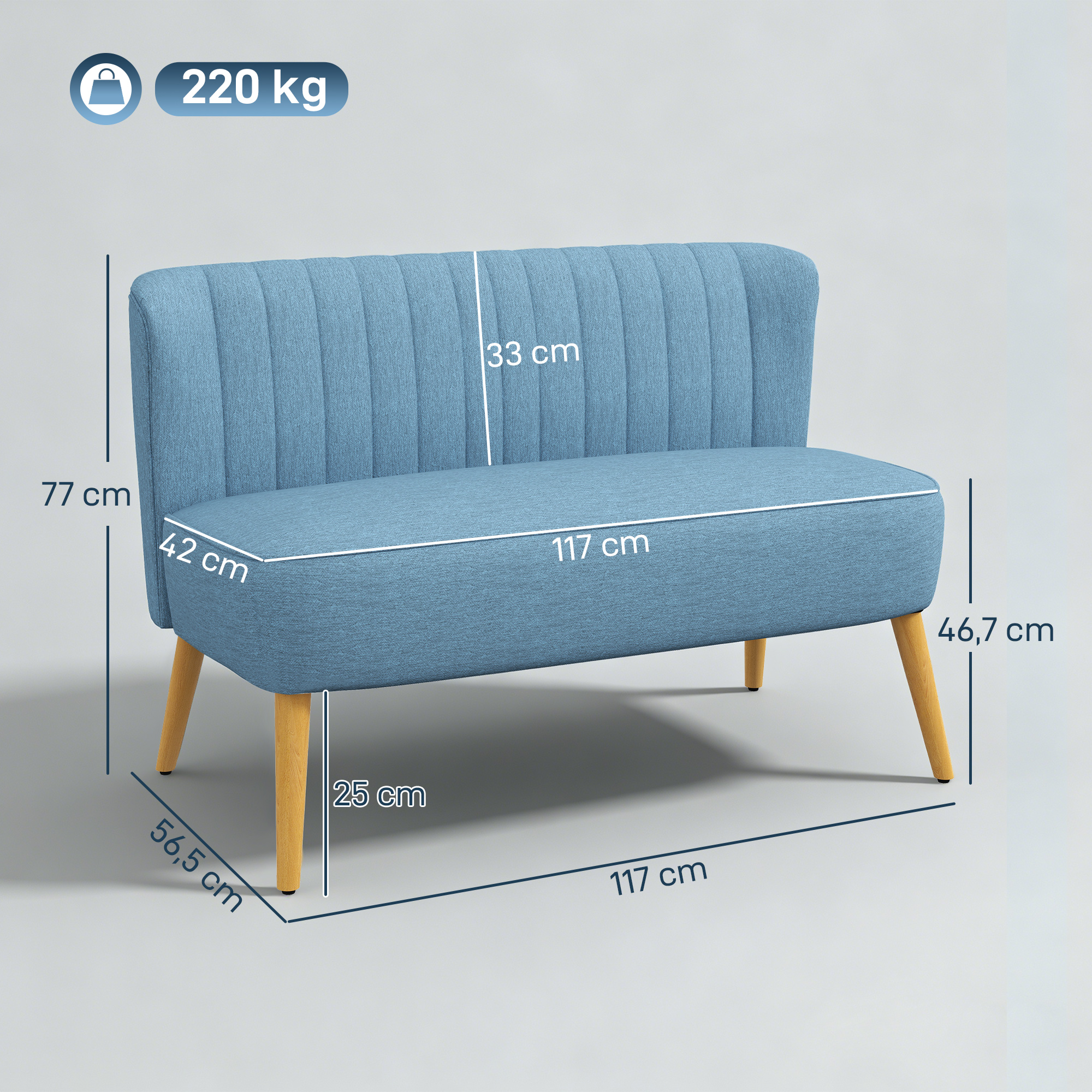2-Sitzer Sofa im Retro-Look, weiche Polsterung, pflegeleichter Bezug, bis 150 kg, 117 x 56,5 x 77 cm, Blau