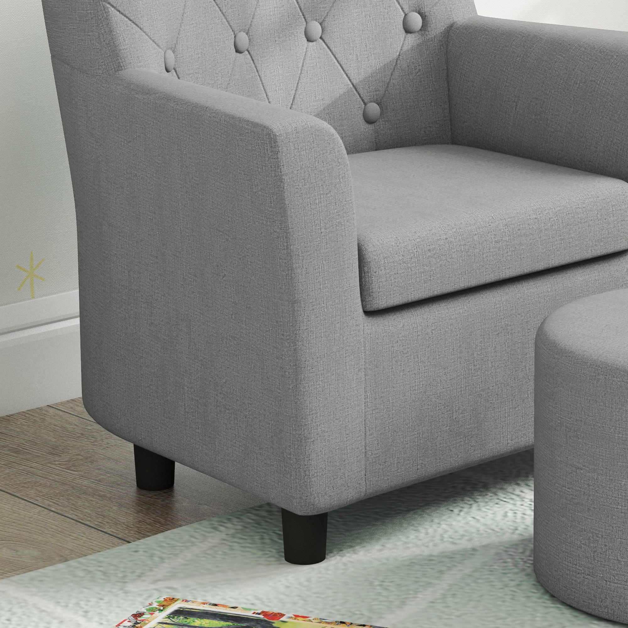 Kindersessel mit Hocker, Rückenlehne Diamantmuster, weiche Sitzfläche, Holzrahmen, Grau