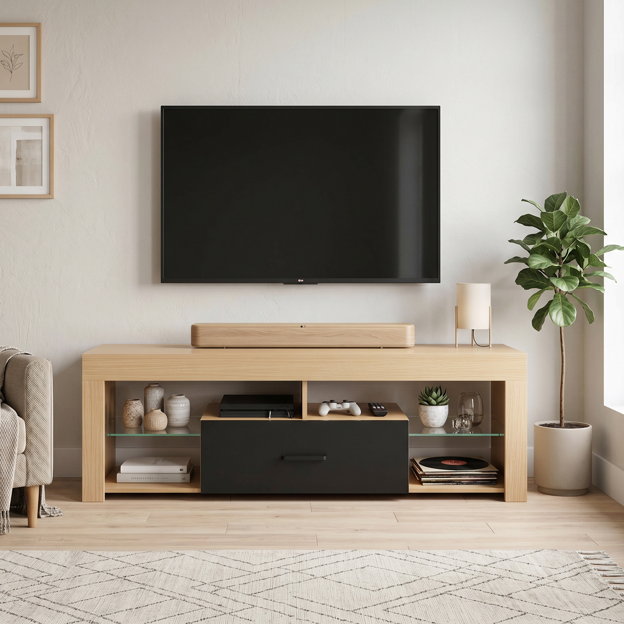 TV-Lowboard für Fernseher bis 65 Zoll, moderner TV-Schrank mit verstellbaren Glasböden, Eiche
