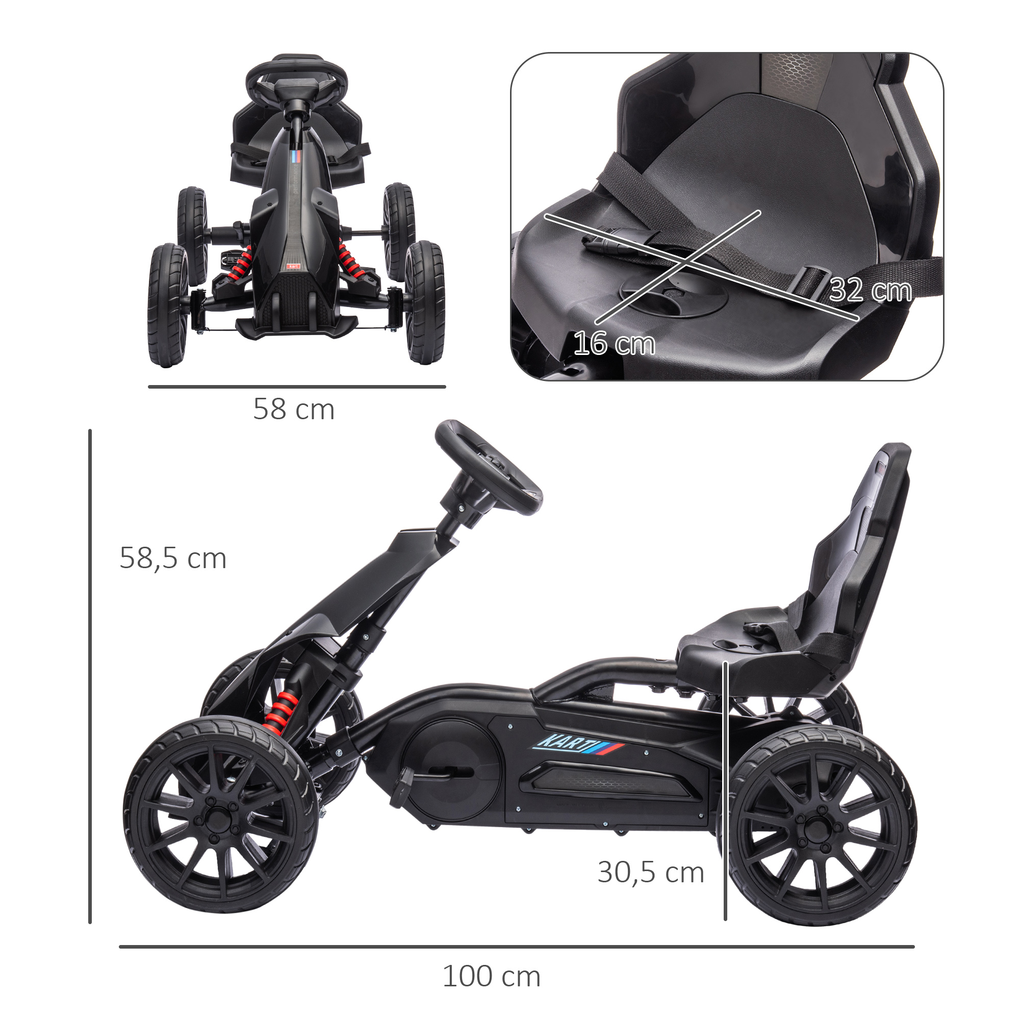 Go-Kart, Kinderfahrzeug mit verstellbarem Sitz, Tretfahrzeug, Tretauto mit Handbremse, 3-8 Jahre, Outdoor, Schwarz